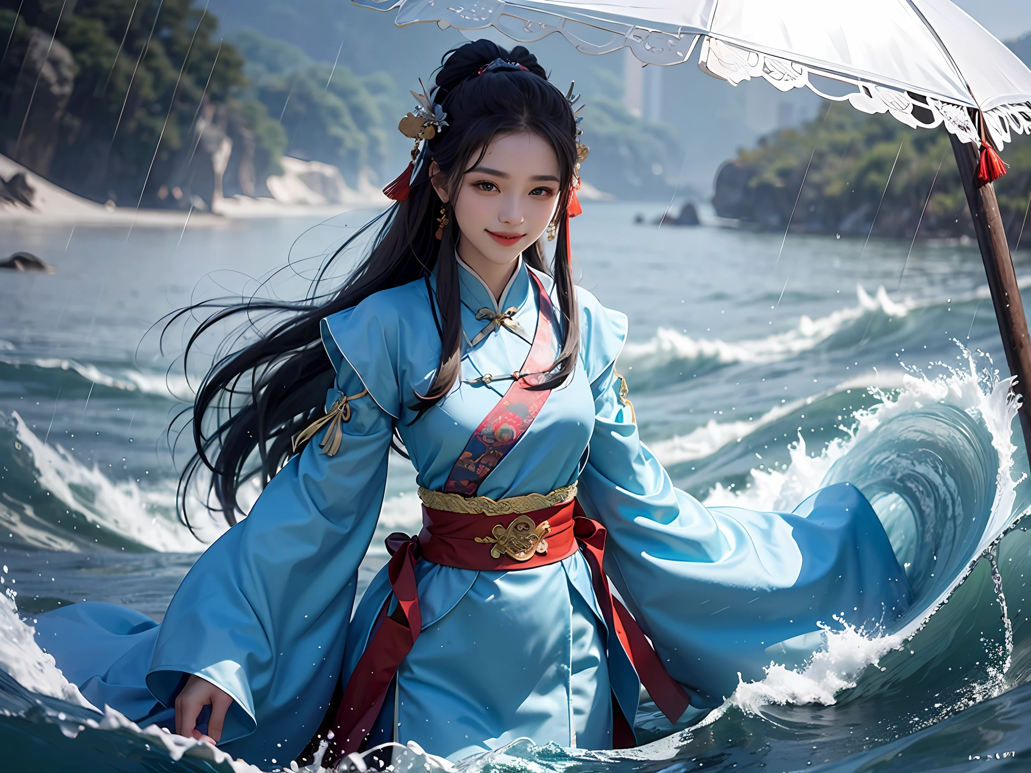 Chinese Fairy, blue silk, Details, Complicated, Wave, Rain, rainy, water, happy, smile, outer glow, Seal, frills, hanfu, wide sleeves, big top sleeves, long sleeves, chinese clothes, sash, ribbons
guofeng