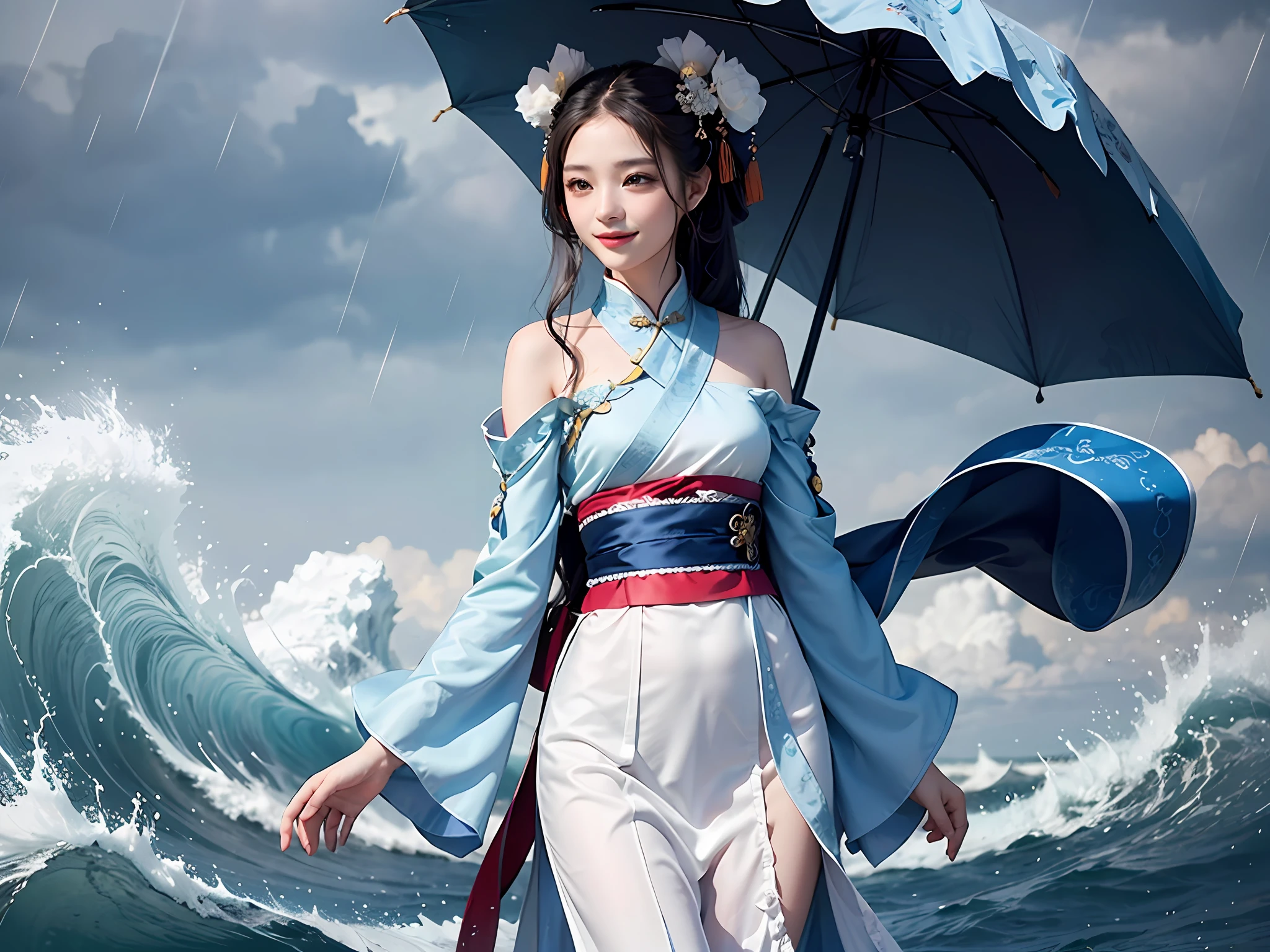 Chinese Fairy, blue silk, Details, Complicated, Wave, Rain, rainy, water, happy, smile, outer glow, Seal, frills, hanfu, wide sleeves, big top sleeves, long sleeves, chinese clothes, sash, ribbons
guofeng