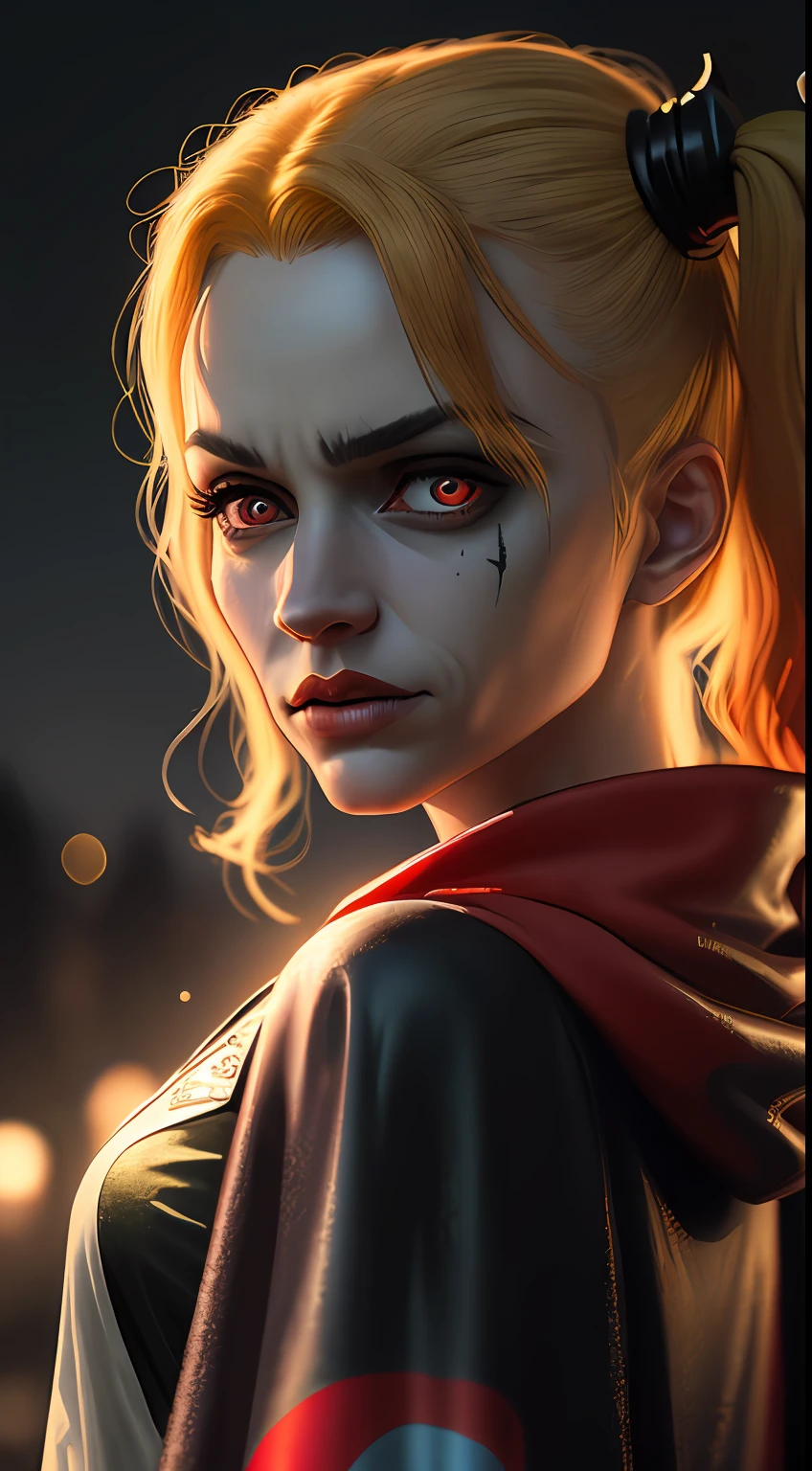 (dark shot: 1.1), epic realistic, Harley Quinn in the dark with glowing eyes and glowing cape, soft cinematic light, Adobe Lightroom, darkroom, HDR, intricate, highly detailed, (depth of field: 1.4), hyper-detail (artstation: 1.4), cinematic, warm light, dramatic light (complex details: 1.1)