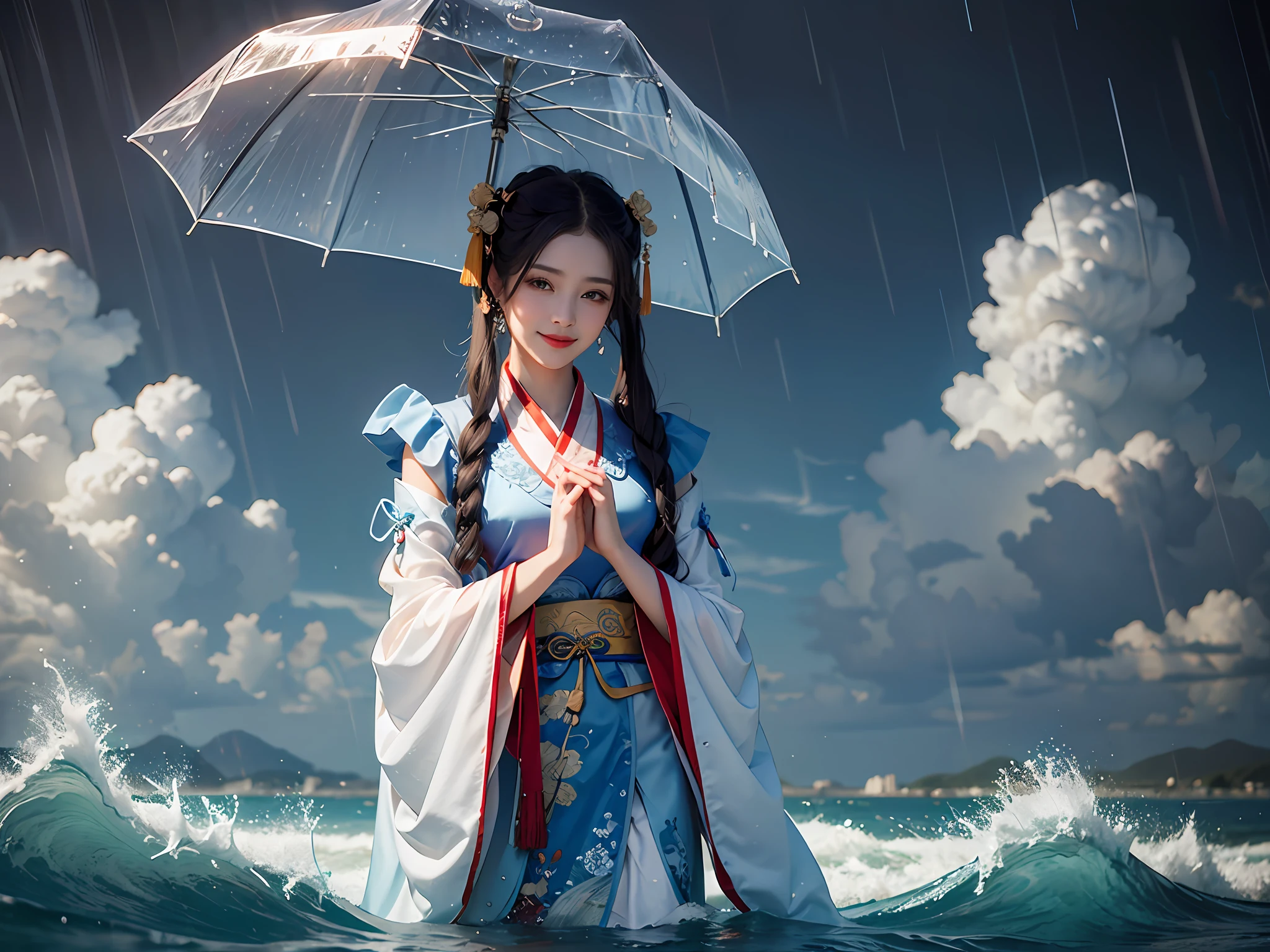 Chinese Fairy, blue silk, Details, Complicated, Wave, Rain, rainy, water, happy, smile, outer glow, Seal, frills, hanfu, wide sleeves, big top sleeves, long sleeves, chinese clothes, sash, ribbons
guofeng