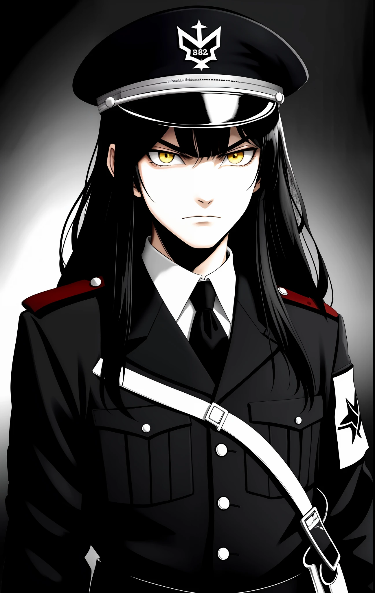 Young long black hair, black Schutzstaffel uniforms, man, with bangs, evil look, black and white image, with a hat, yellow eyes, black and white