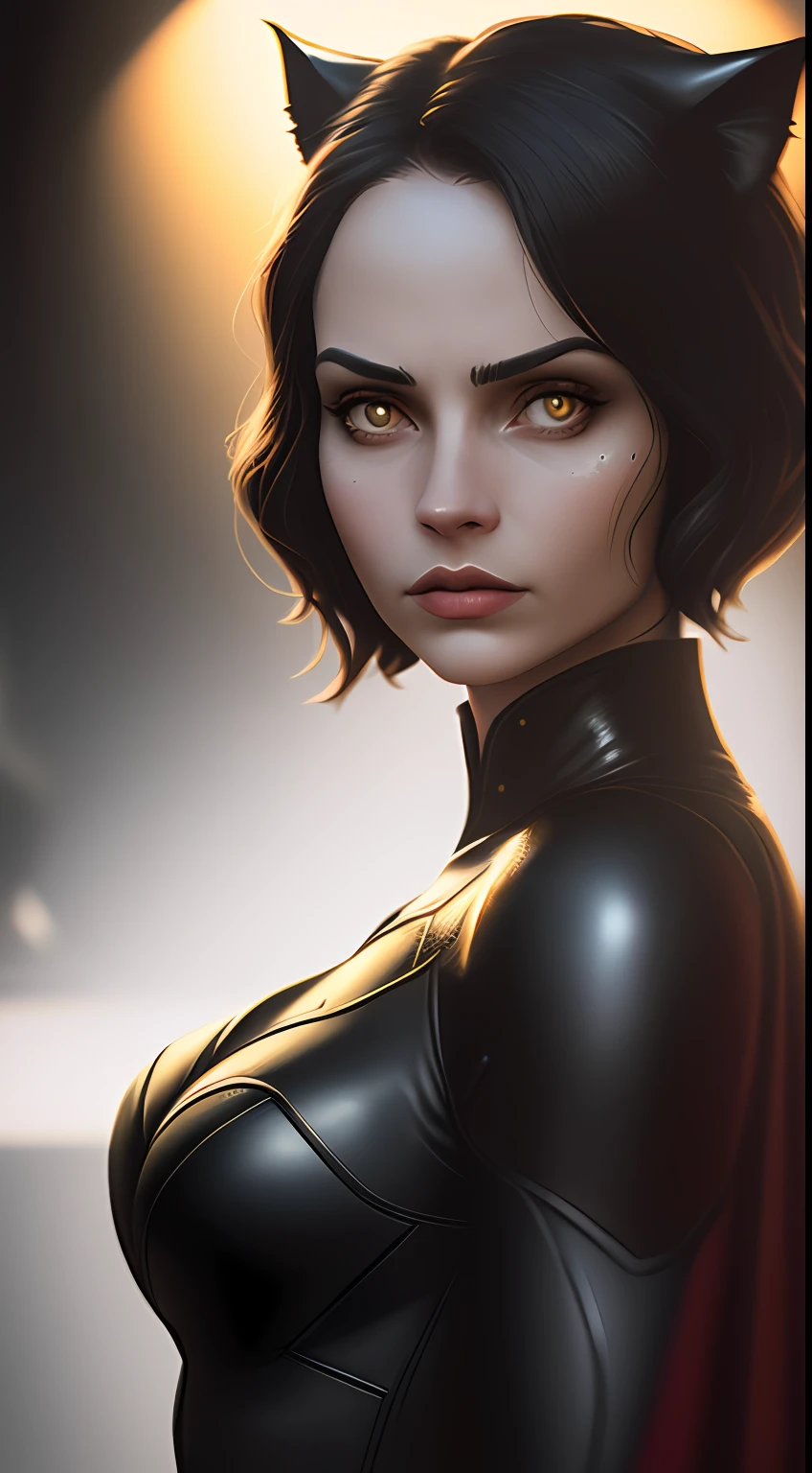 (dark shot: 1.1), epic realistic, Catwoman in the dark with glowing eyes and glowing cape, soft cinematic light, Adobe Lightroom, darkroom, HDR, intricate, highly detailed, (depth of field: 1.4), hyper-detail (artstation: 1.4), cinematic, warm light, dramatic light (complex details: 1.1)