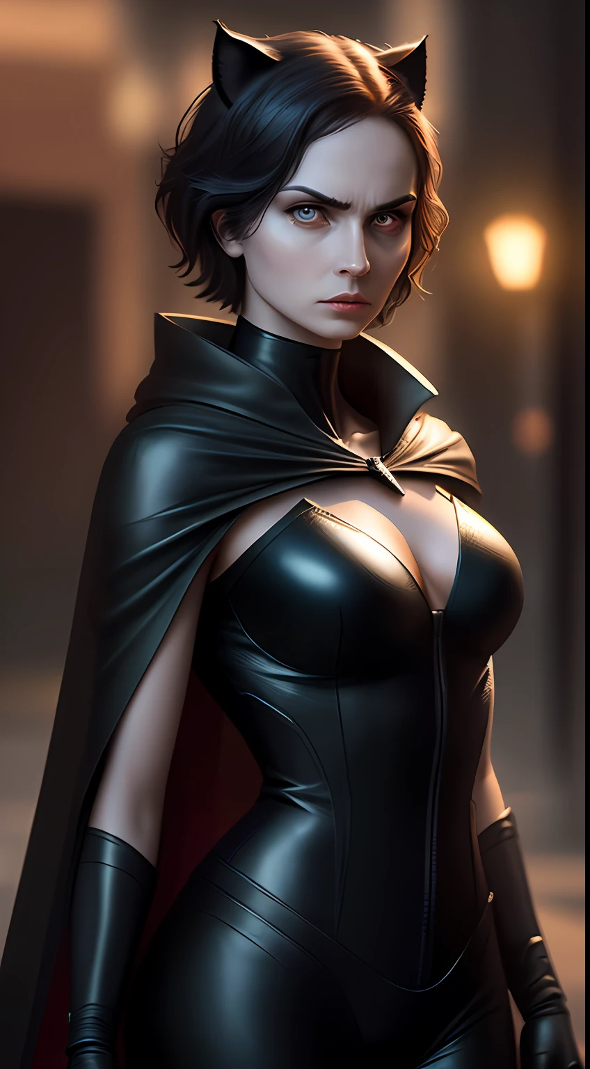(dark shot: 1.1), epic realistic, Catwoman in the dark with glowing eyes and glowing cape, soft cinematic light, Adobe Lightroom, darkroom, HDR, intricate, highly detailed, (depth of field: 1.4), hyper-detail (artstation: 1.4), cinematic, warm light, dramatic light (complex details: 1.1)