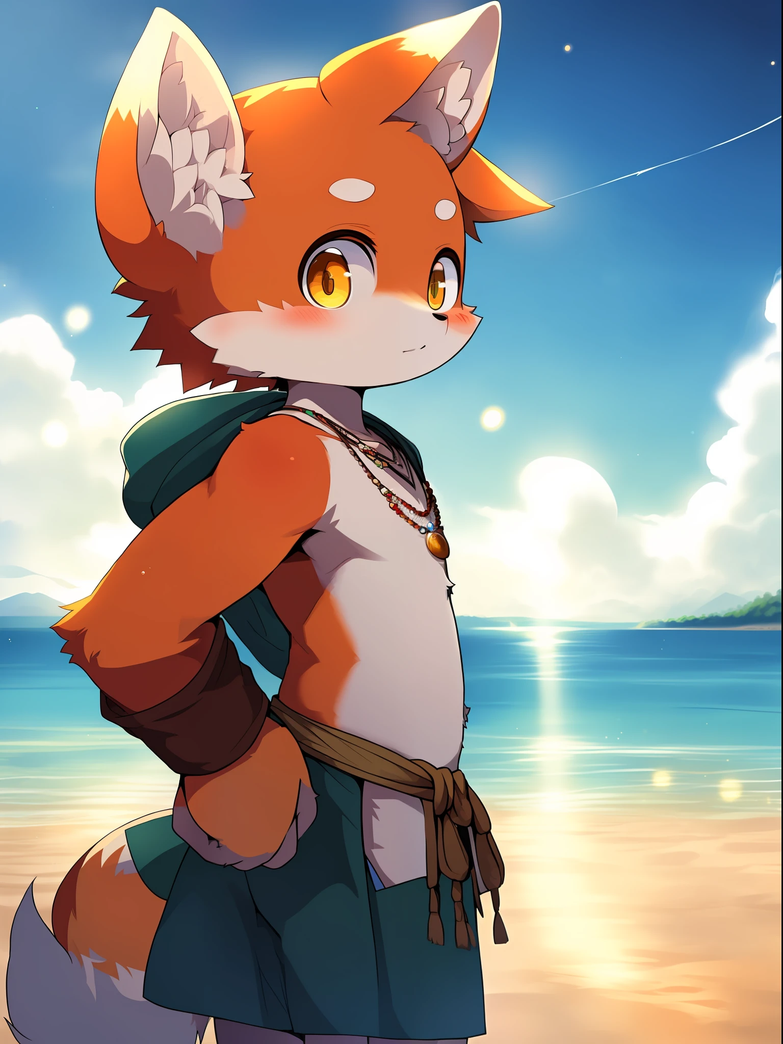 Masterpiece, high quality, absurd resolution, digital painting \ (artwork \), Sumi Kuroi, Yupa, Kiyoyama. Soft light, solo, (human male fox), (orange body), sunlight, beach, loincloth, sea, clouds, darkness, bright, sand, from the side, necklace. Panorama, portrait, 135mm, viewer, person in focus. Detailed background, amazing background, outdoor, landscape, light particles, standing