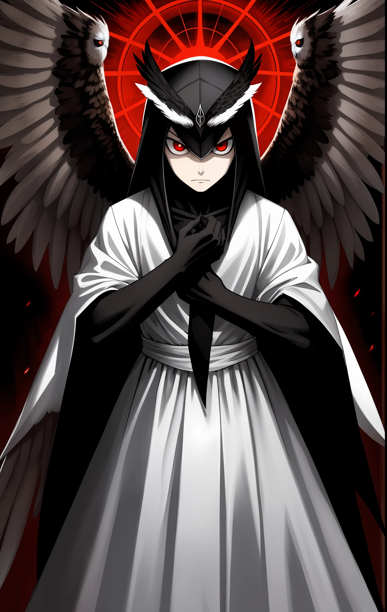 Young angel man, evil, owl-like, with four black wings, red eyes, evil look, dark aura, man