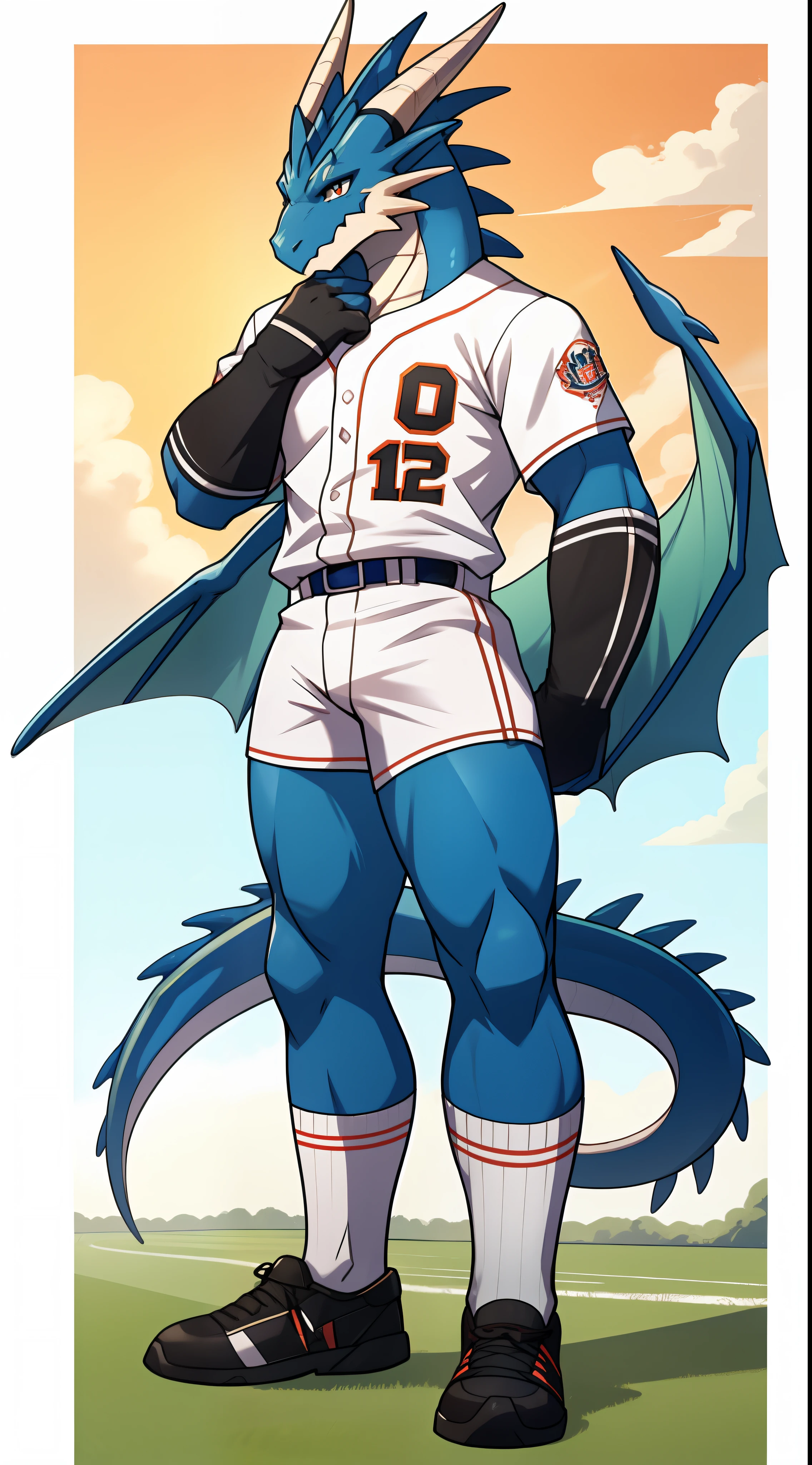 Blue dragon, furry, white baseball uniform, white high socks