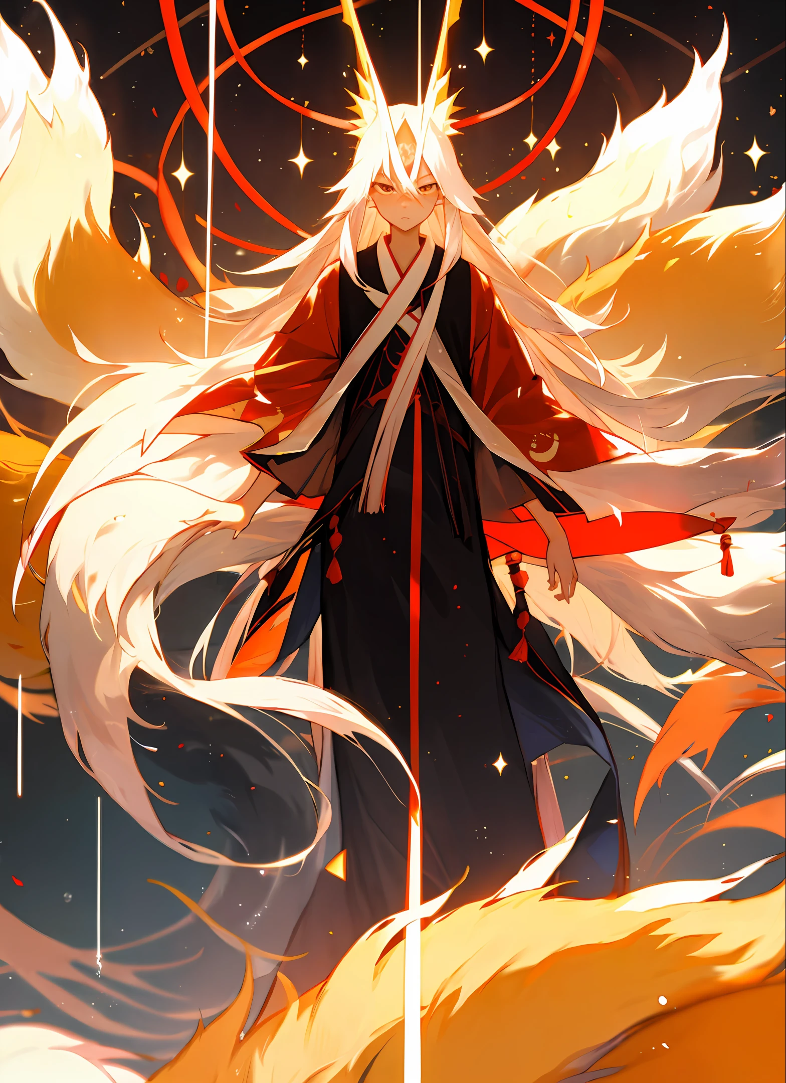 Sparkling nine-tailed fox, cute, extremely thin, 4K, tail emanating, beast, long hair