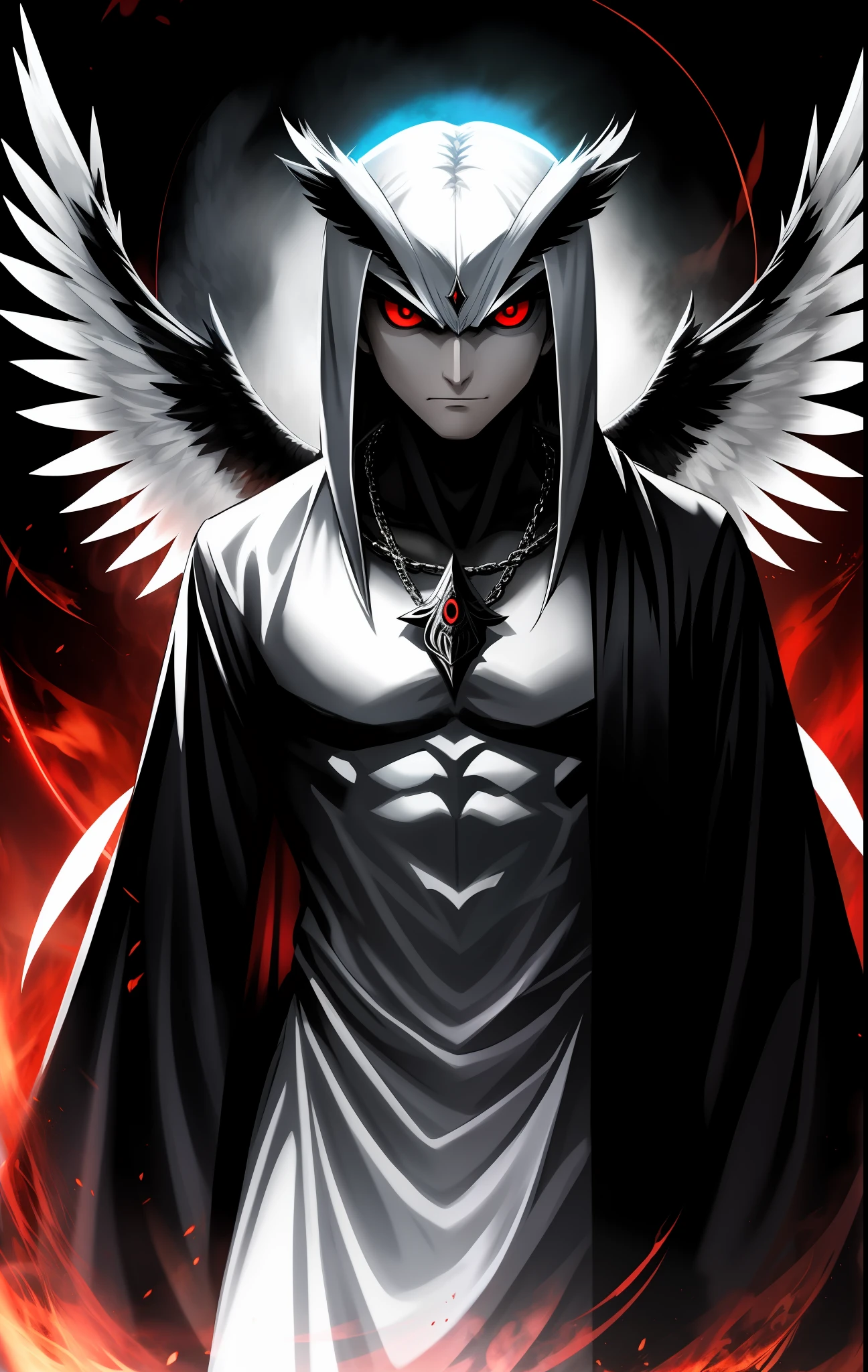 Young angel man, evil, owl-like, with four black wings, red eyes, evil look, dark aura, man