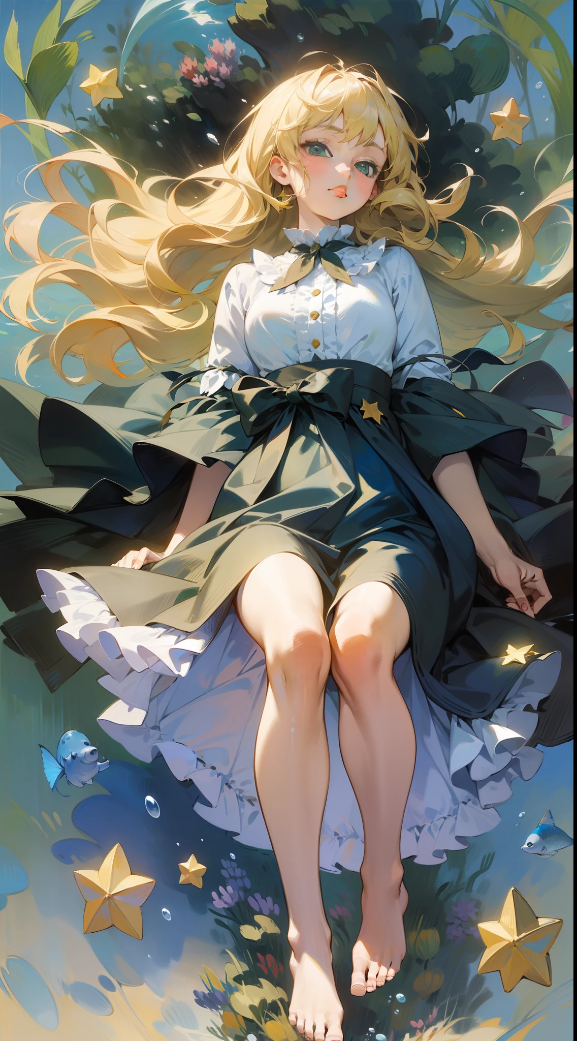 Blonde woman painted by Claude Monet and Renoir, underwater, floating hair, stars, bare feet