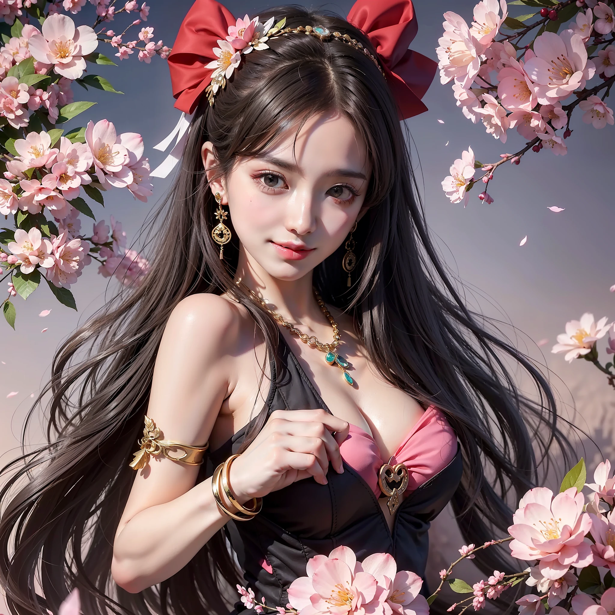 Best quality, masterpiece, super high resolution full of picture, single, flying, Tang Huazhang, Dunhuang flying, floating in the air With strong Chinese national characteristics, they are heavenly beings who fly the sky of Buddha Country, playing piano and dancing, spraying incense and scattering flowers, bringing happiness, pink color matching, long hair, black hair, black pink bow, black and red color matching clothing, complex background, side, smile, flowing clothes, Chinese element totem behind, perfect makeup, beautiful, generous, love eyes, 8k picture quality, cyberpunk, technology combined with national essence, Character backlight, edge light, movement changes, hairstyle flowing, loose hairstyle, gold and silver headdress, sense of falling, number of fingers refinement, 7 doppelganger drawing, face close-up, fairy fluttering, flowing luminous earrings, flowing glowing necklace, wearing a bracelet, the most beautiful girl in man, delicate close-up of the face, cherry blossoms, cherry blossoms