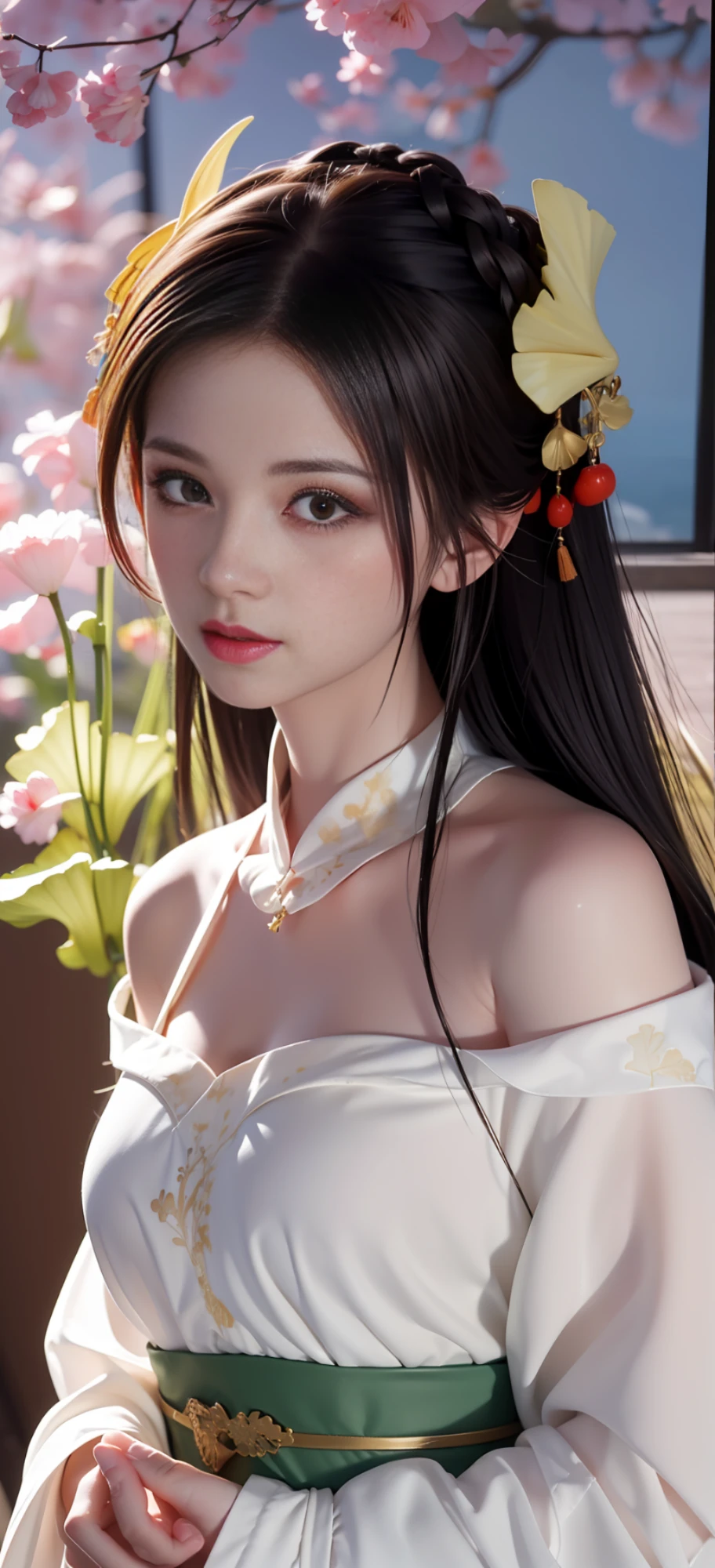 (8k, RAW photo:1.2), best quality, ultra high res, dramatic angle, (fluttered detailed color splashs), (illustration), (((1 girl))), (long hair), (rain:0.9), (headdress: 1.4), ((red hanfu)), ((off-the-shoulder), (emphasis), color ink painting, (splash color), splash color, (((colorful))), (sketch: 0.8), (sexy), ((ginkgo tree)), Chinese style, masterpiece, best quality, beautiful painted, highly detailed, (denoising:0.6), [splash ink], (ink refraction), ( beautiful detailed sky), highly, detailed, (masterpiece, best quality, extremely detailed), CG unity 8k wallpaper, masterpiece, best quality, super detailed), (garlic),