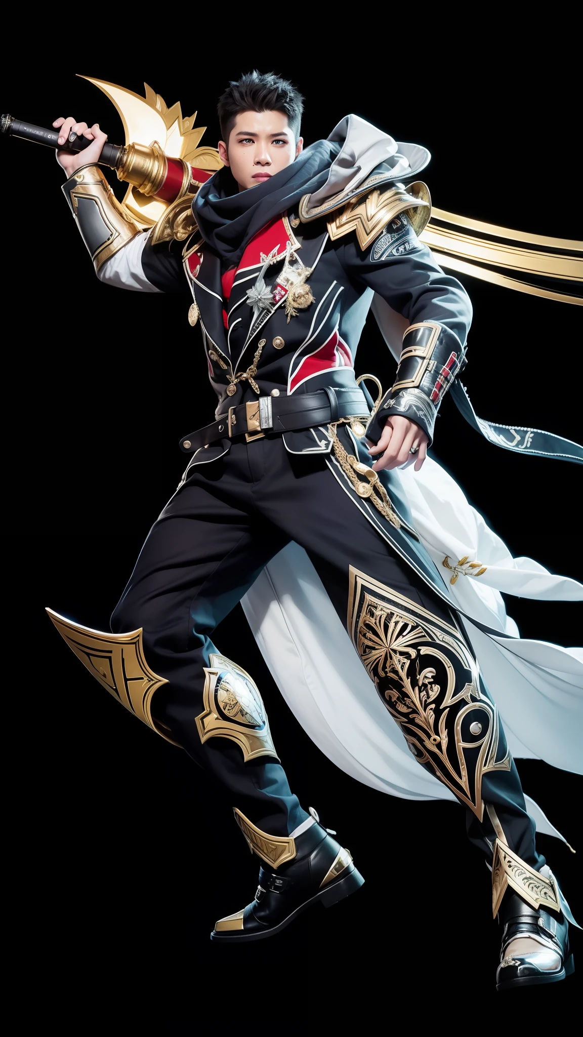 1man, Alucard mobile legends, handsome, face real, hair orens light, short hair, realistic, ultra detail, 70 mm lens,
