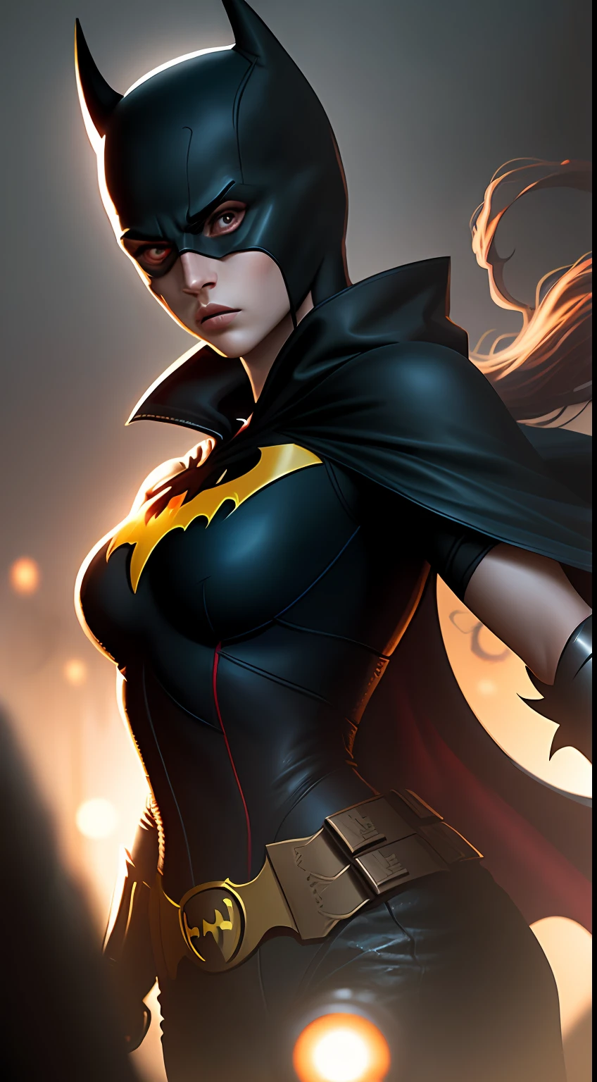 (dark shot: 1.1), epic realistic, Batgirl in the dark with glowing eyes and glowing cape, soft cinematic light, Adobe Lightroom, darkroom, HDR, intricate, highly detailed, (depth of field: 1.4), hyper-detail (artstation: 1.4), cinematic, warm light, dramatic light (complex details: 1.1)
