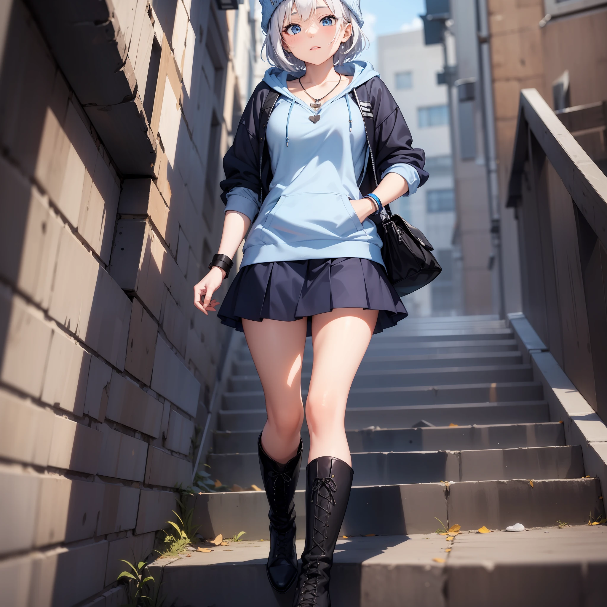 Anime girl with short white hair wearing a polar bear beanie, wearing a blue necklace, blue eyes, wearing a blue hoodie, wears a short black skirt with a few white lines, wears some kind of wristband on her thigh, Wearing black boots with blue laces, single character full body, full body portrait, anime full body illustration