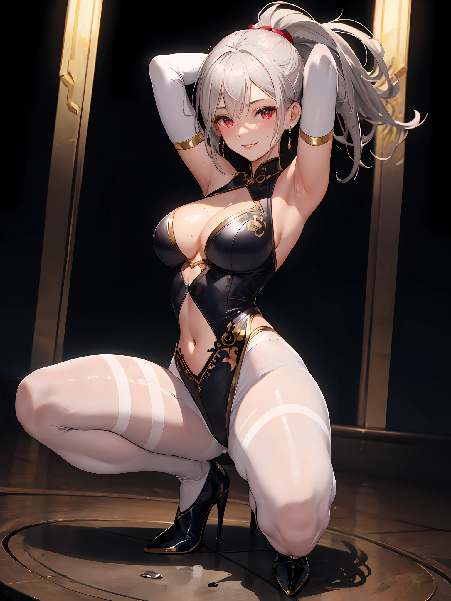 Masterpiece, beautiful lighting, detailed beautiful face, detailed beautiful eyes, high resolution, ultra-fine illustration, very delicate and beautiful, top quality, dynamic lighting, cinematic lighting, (:1.3), Solo, 30s, (Silver hair, Long hair, Brown skin , Red eyes),, Curvaceous, (Shiny hair, Shiny eyes, Shiny skin), Smile, (Glowing skin: 1.2), , Thighs, covered navel, pelvic curtains, gloves, elbow gloves, armpits, smile, white thighs, looking at the viewer, earrings, thighs, squatting, arms raised, under, blush, sweat, jewelry, thick thighs, white gloves, bangs, arms behind the head, (cheongsam), legs spread, lips parted, full body, white pantyhose, ponytail, blushing cheeks, high heels