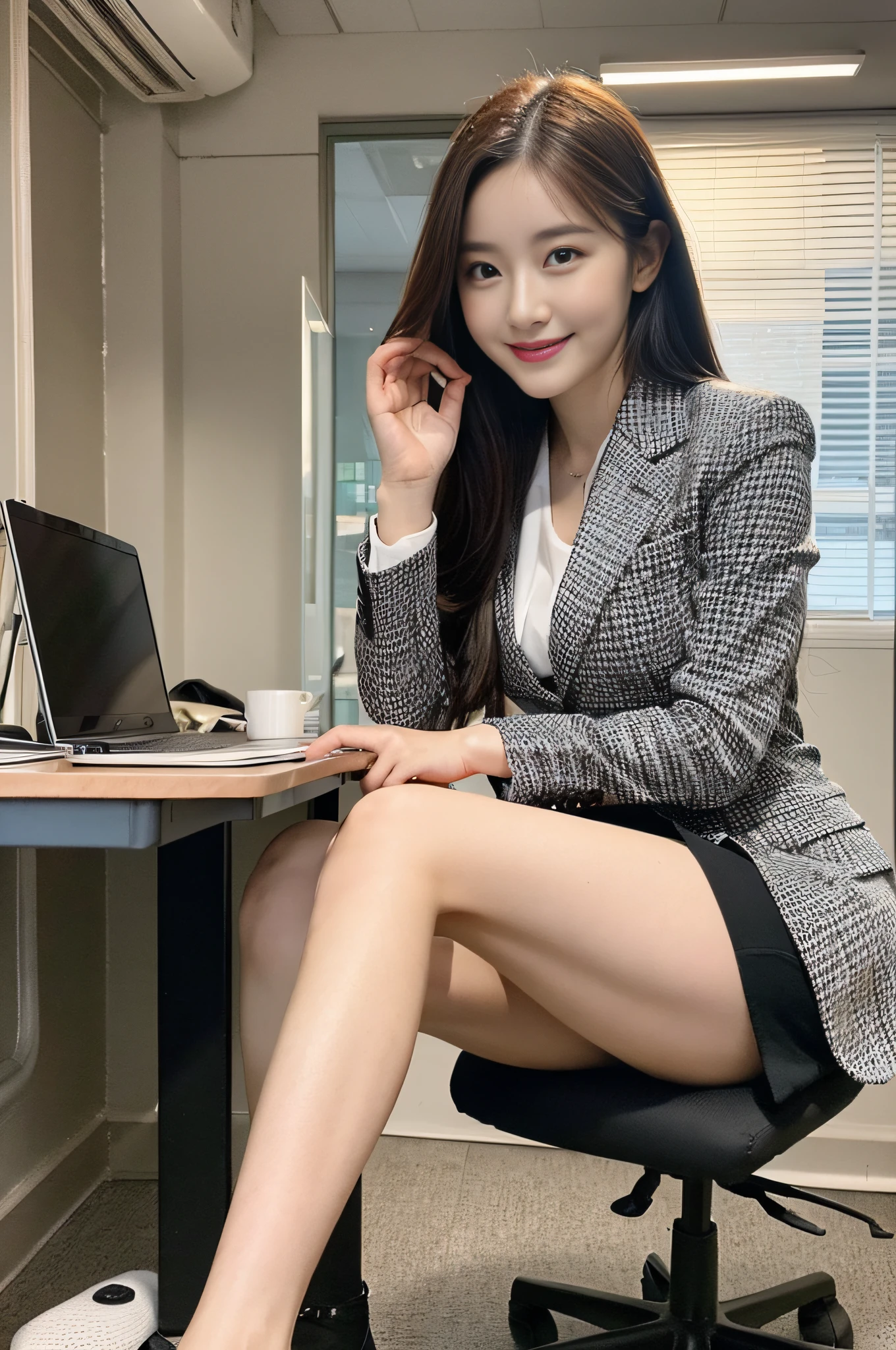 best quality:1.5, ultra high-resolution:1.5, photo-realistic:1.5, ultra detailed:1.5, RAW photo:1.5, 8k resolution, HDR, hyper realistic, lifelike texture, perfect face, perfect body, Beautiful fingers, perfect hands, nice hands, Beautiful foots, Beautiful legs, Beautiful thighs, Beautiful tiptoes, detailed skin, solo, 1girl, 25 years old, Raise a smile, Looking at viewer:2, Full body, Various hairstyle, Dramatic angle, Indoor, In the Office, Tight skirt business suit, Sitting office chair