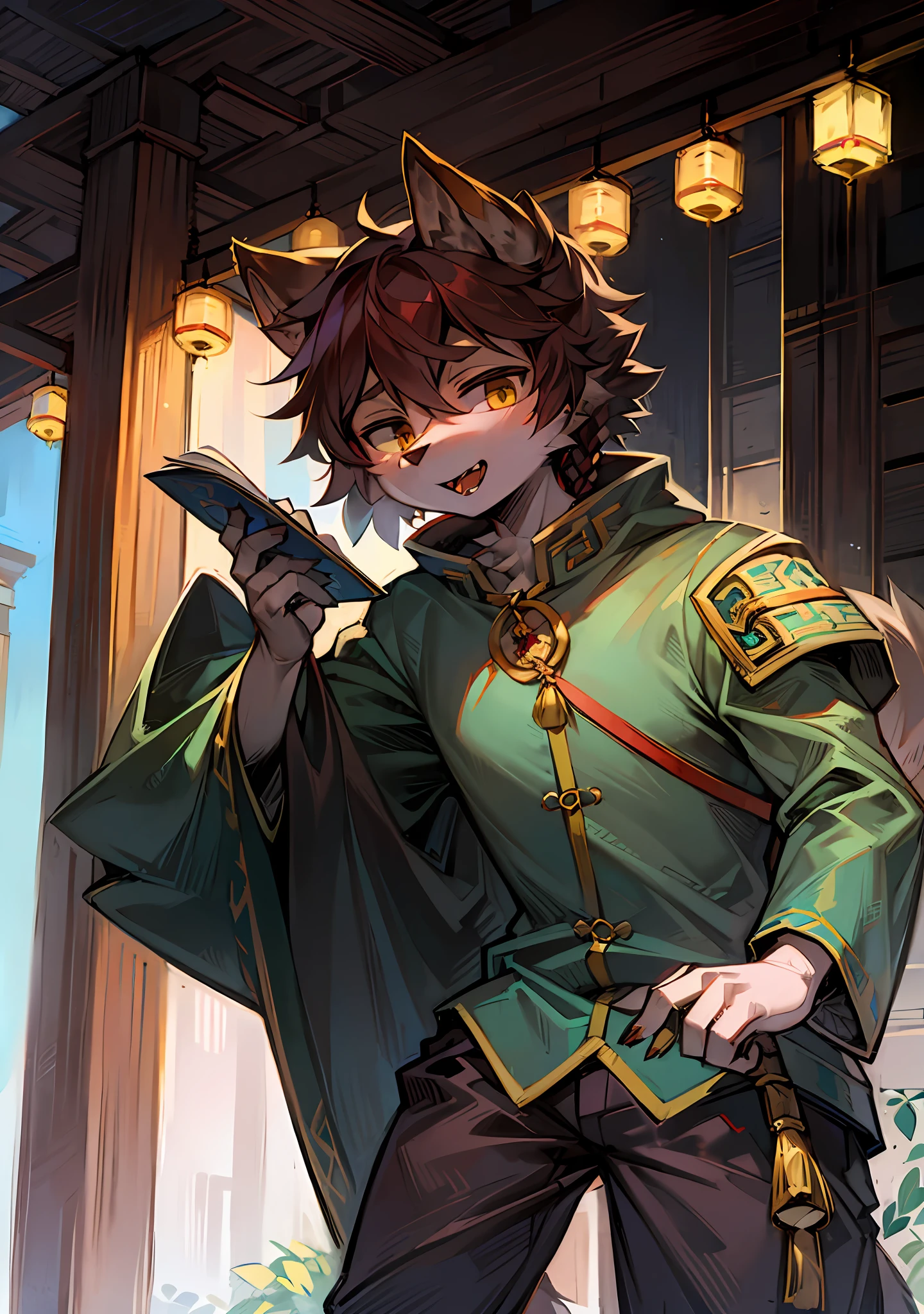 Taoist priest, 12 years old, has a wolf's mouth, refines hands, has small braids on the back of his head, and refines clothes