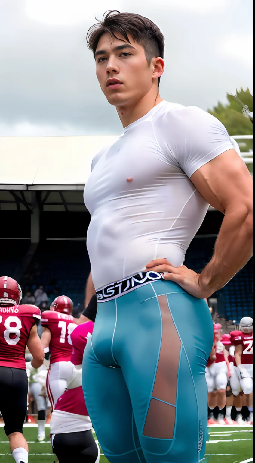 Blue compression pants, big thick thigh, big bulge