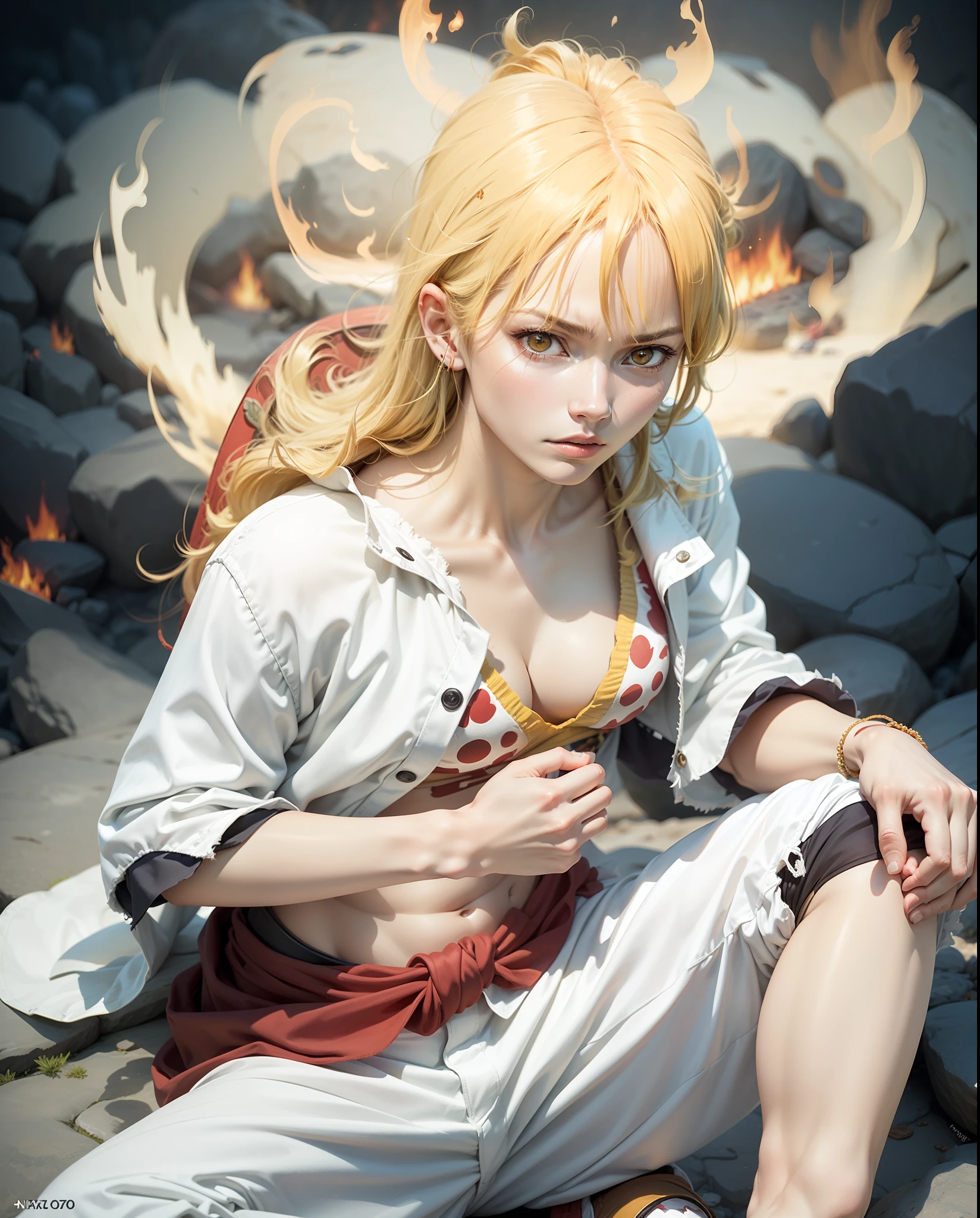 monkey d. luffy gear 5 sitting on a rock with a fire in the background, from one piece, luffy (one piece, luffy dressed as naruto, monkey d luffy, luffy, best anime character design, realistic, super detail, 70mm lens