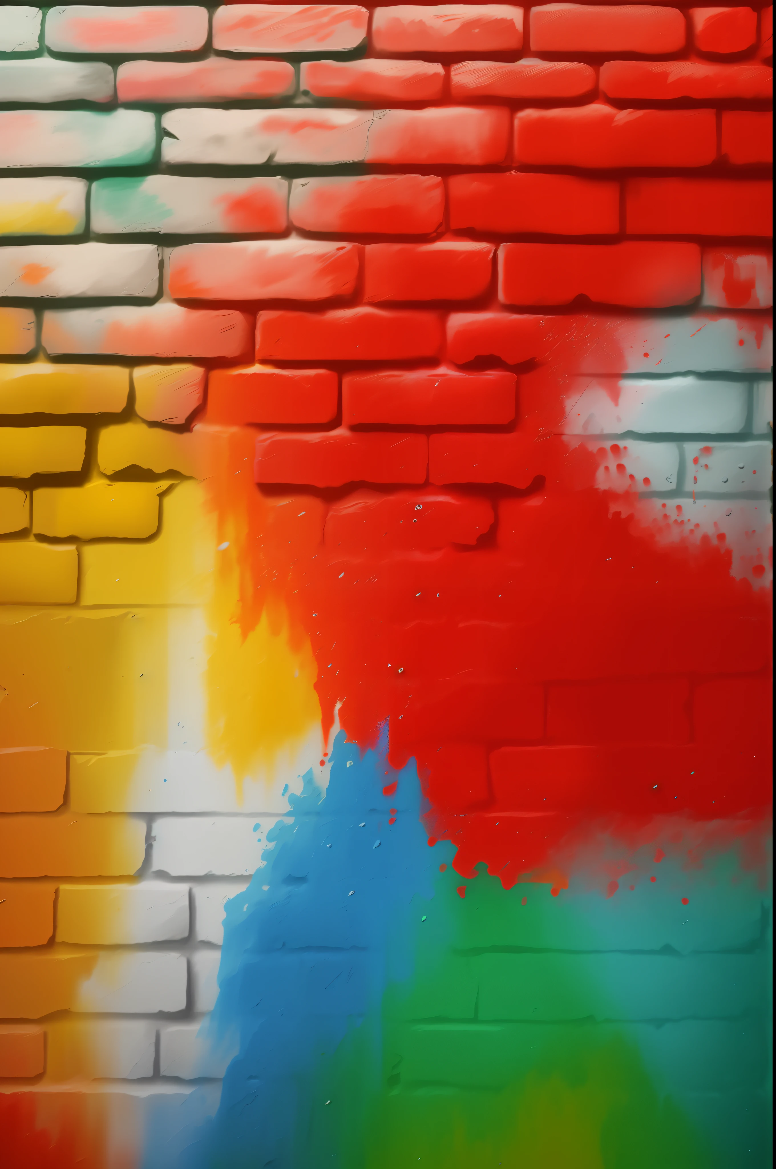 Brick wall sprinkled with colored paints, 8k