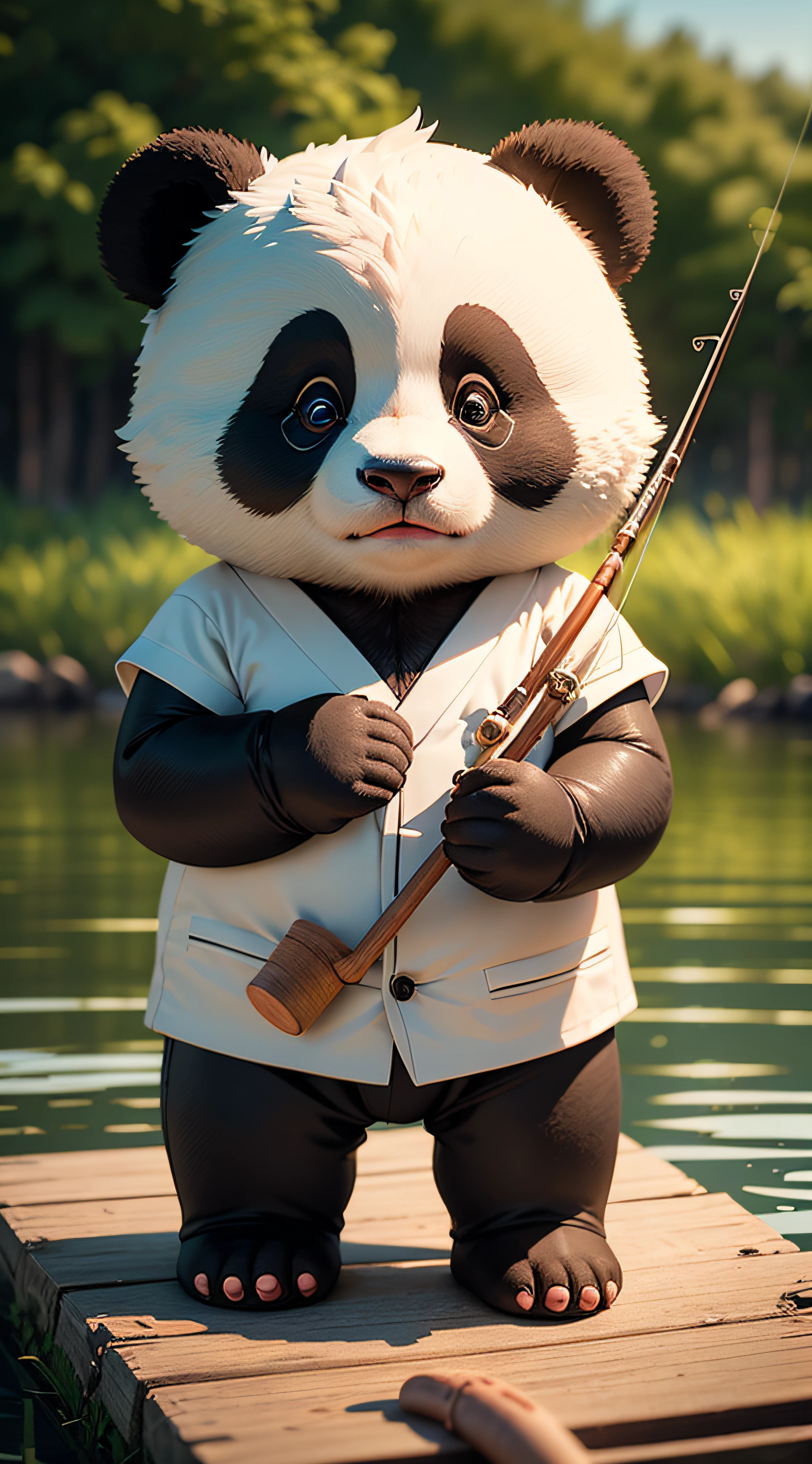 (An adorable cute Japanese style panda bear character is fishing by standing on the riverbank and casting a fishing rod. There are several Kisu fish that have already been caught next to him), adorable, adorable, whimsical, Studio Ghibli style, 3D vector art, cute and quirky, fantasy art, watercolor effect, bokeh, Adobe Illustrator, hand-drawn , digital painting, low-poly, low-light, panoramic view, isometric style, retro aesthetic, focus on character, 4K resolution, photorealistic rendering, using Cinema 4D --auto