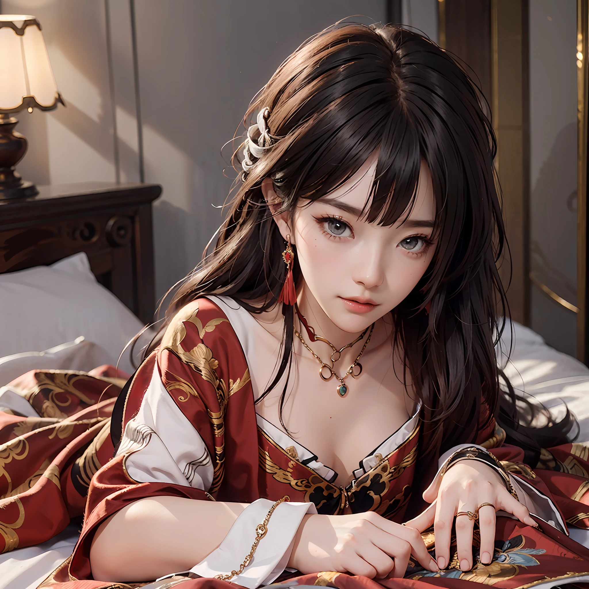 (A Chinese bride), (wearing a gorgeous Chinese red wedding dress), (conservative wedding dress: 1.4), ((half lying in bed)), (chinoiseriety elements: 1.4), (shy, tender, beautiful face, fair skin, bright eyes, elegant eyebrows, happiness and expectation, rosy lips, soft face), (red clothing: 1.4), (wearing delicate jewelry, rings, necklaces)), clothes embroidered with phoenix motifs, (embroidery), (conservative red robe), pure, romantic, (Full body shot: 1.5), (body curve), Pleated decoration, (cinematic quality), (Best quality: 1.2), (Realism: 1.4), (Indoor), Photo quality, ((octane rendering)), Close-up, Photographic lighting, (Red theme: 1.4),