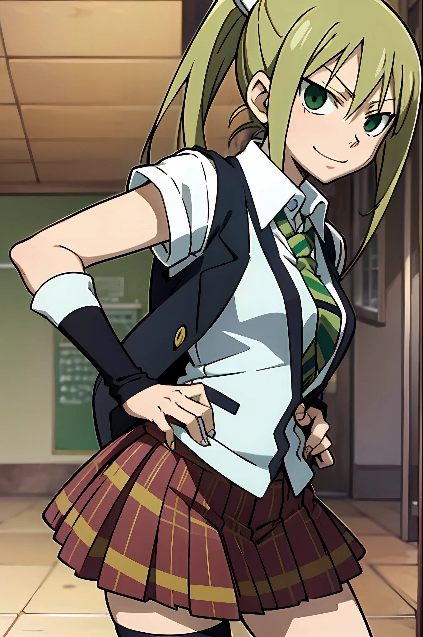 light smile, Schoolgirl attire, white blouse with yellow sweater vest, green striped tie, red plaid skirt, green eyes and ashy hair in a twin ponytail, (style of soul eater and fairy tail anime), (illustrated by Hiro Mashima and Atsushi Ohkubo), (style mixing)