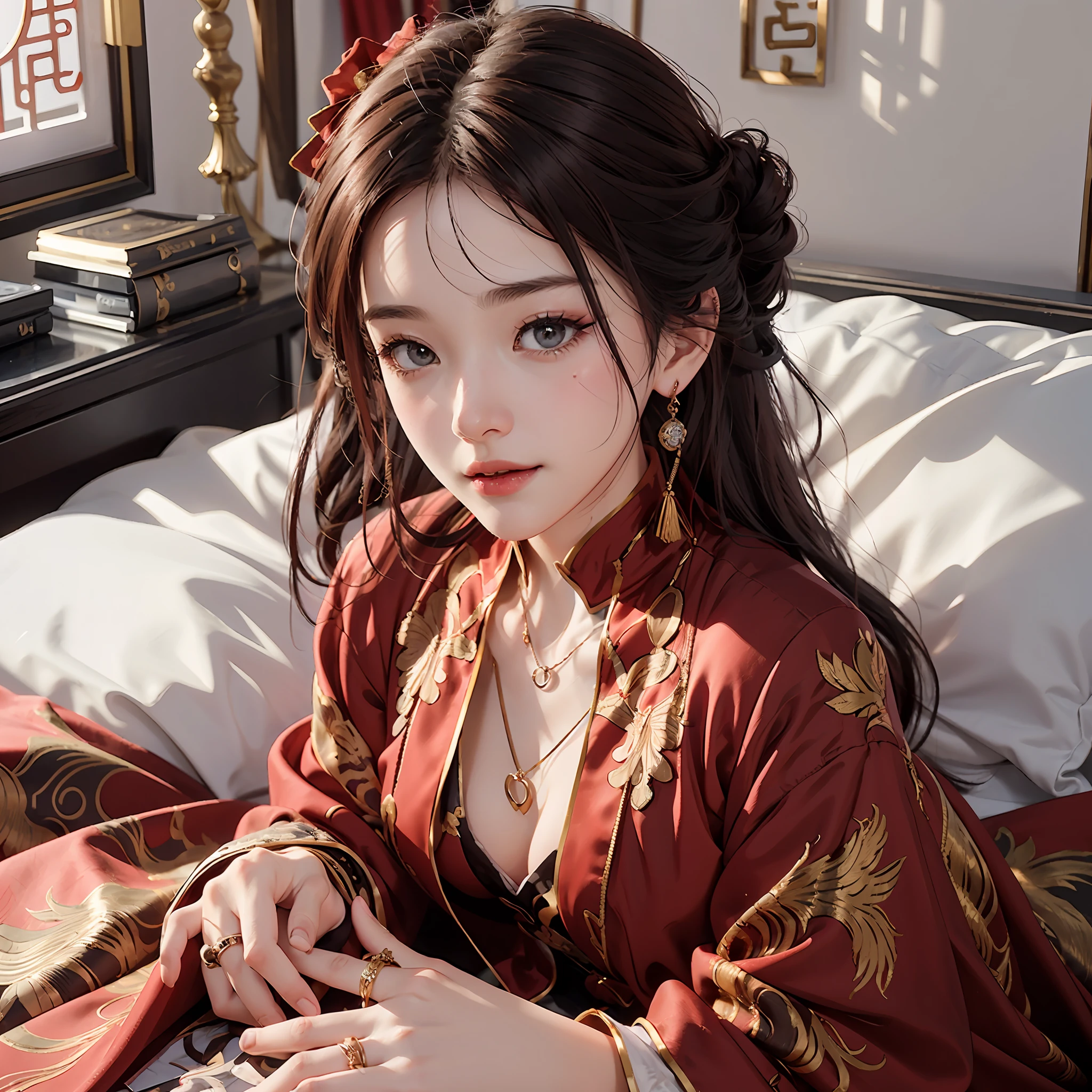 (A Chinese bride), (wearing a gorgeous Chinese red wedding dress), (conservative wedding dress: 1.4), ((half lying in bed)), (chinoiseriety elements: 1.4), (shy, tender, beautiful face, fair skin, bright eyes, elegant eyebrows, happiness and expectation, rosy lips, soft face), (red clothing: 1.4), (wearing delicate jewelry, rings, necklaces)), clothes embroidered with phoenix motifs, (embroidery), (conservative red robe), pure, romantic, (Full body shot: 1.5), (body curve), Pleated decoration, (cinematic quality), (Best quality: 1.2), (Realism: 1.4), (Indoor), Photo quality, ((octane rendering)), Close-up, Photographic lighting, (Red theme: 1.4),