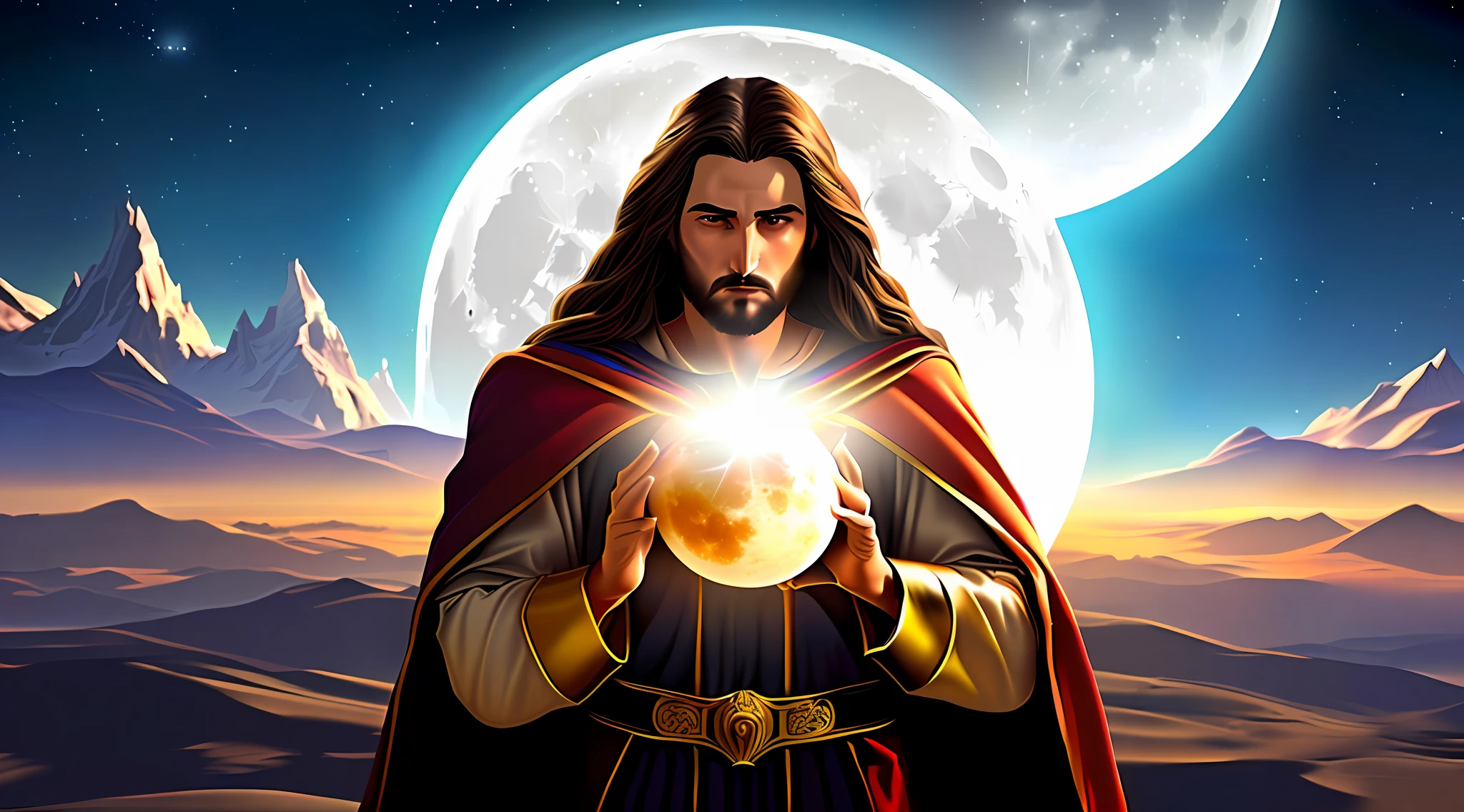 a close up of a man holding a crystal ball in front of a full moon, jesus christ in mass effect, king of kings, maya ali sorcerer, god of moon, michael cheval (unreal engine, the god emperor of mankind, emperor of the known universe, jesus christ, hermes trismegistus, picture of a male cleric, sakimi
