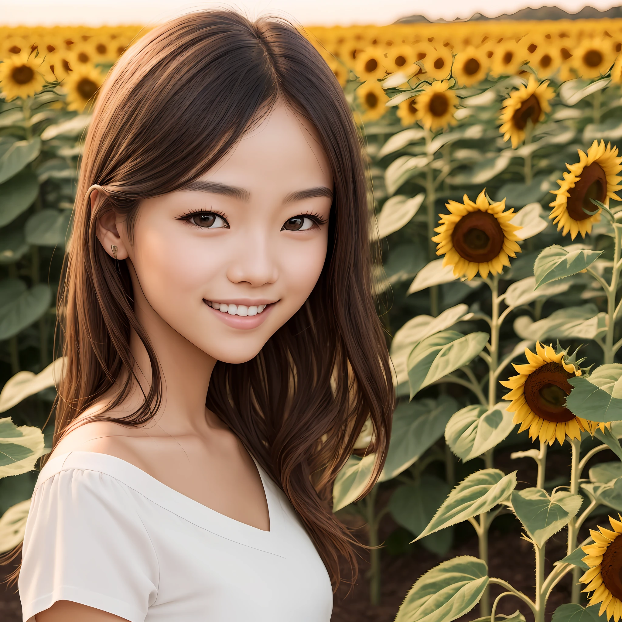 Photos taken by professional photographers, realistic photos, realistic skin texture, portrait of a beautiful girl Japan 15 years old, sunflower field in full bloom in the background, round face, healthy skin tone, real and beautiful skin with pores, chestnut shoulder-length hair with a little wavy, dark brown slightly sagging eyes, plump and attractive lips, simple plain short sleeve dress, beautiful smile, Natural makeup --auto