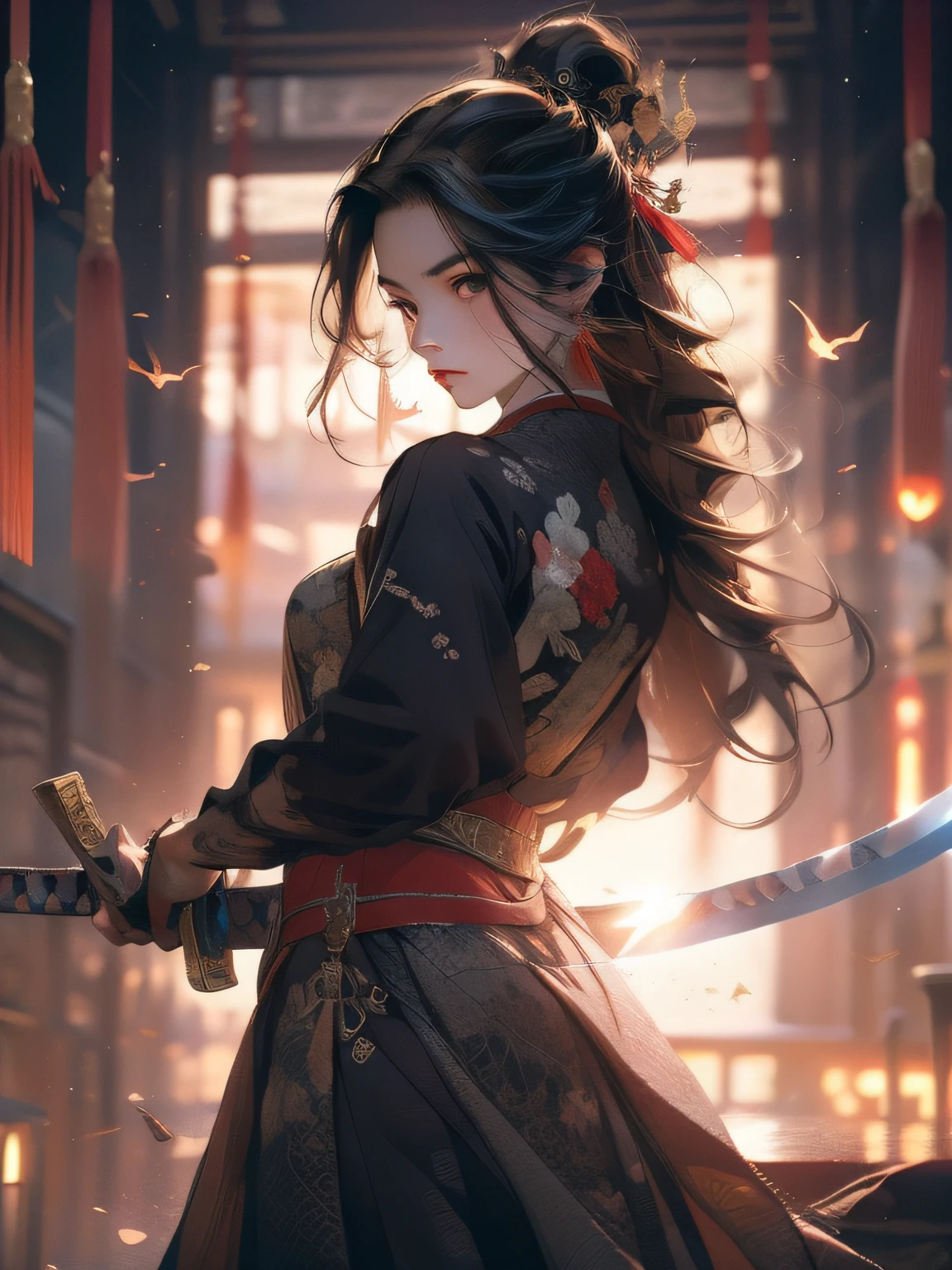 (Fidelity: 1.4), Best Quality, Masterpiece, Ultra High Resolution, Poster, 8K, Fantasy Art, Dynamic Lighting, Art Station, Poster, Volume Lighting, Very Detailed Faces, 4k Wallpaper, Award-Winner, A Girl with a Sword, Red Headband, Long Black Hair, Long Flowing Hair, Katana, Holding a Great Sword, Demon Samurai, Black Clothes, Red Belt, Red Sword Qi, Dynamic Perspective, Dramatic Composition, (Ultra: 1.4), Ancient Chinese Architecture Background, A Round of Red Moon, Movie Lighting