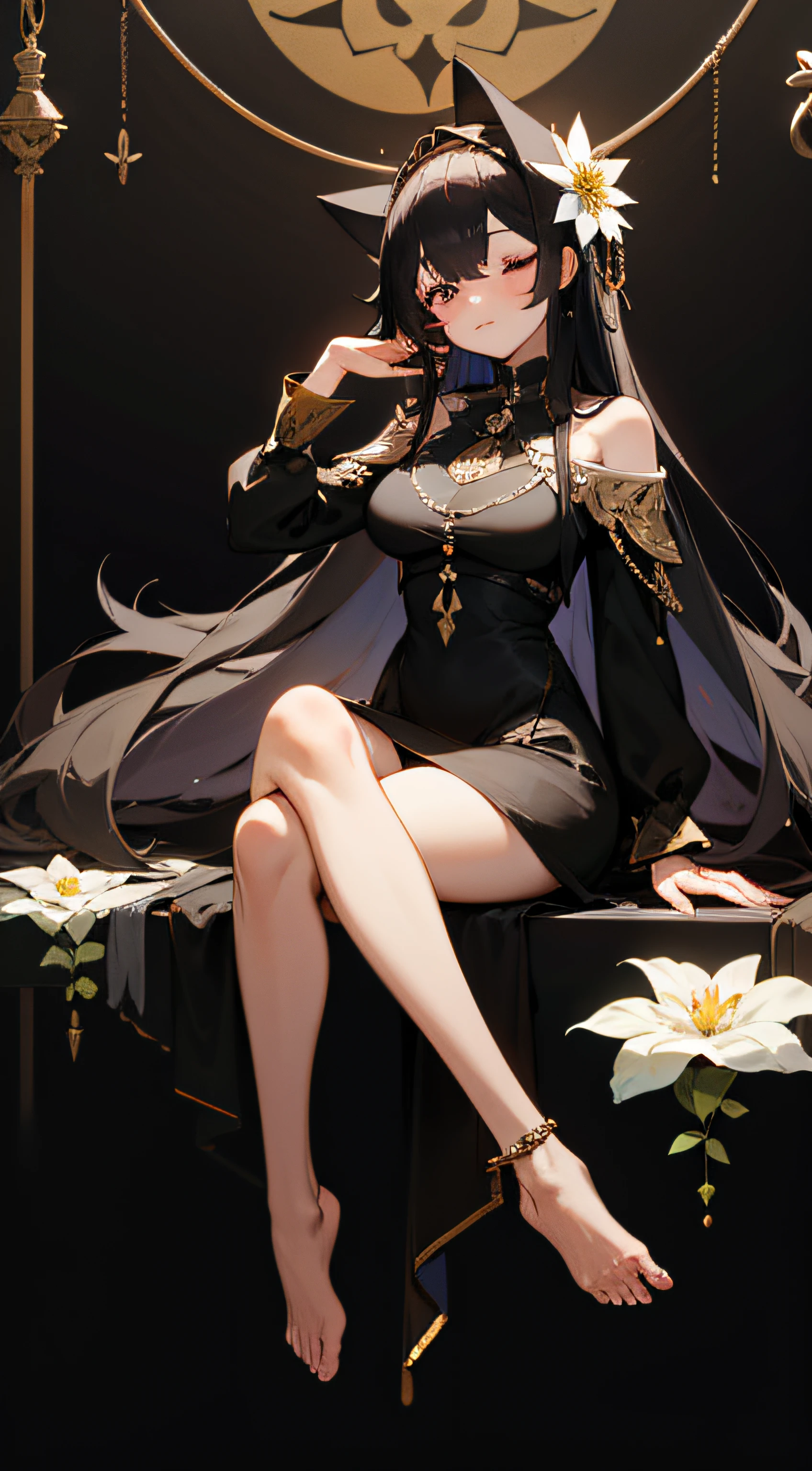 1girl, flower, ruby, sitting, medium breasts, eyes closed, long hair, black hair, solo, black dress, indian style, dress, white flower, barefoot, blood, jewelry, closed mouth, hair ornament, blush, long sleeves, cat, hair flower, forehead visor, bangs, anklet, full body, chain, bare shoulder, very long hair, large breasts, black background, crossed legs, hand up, dark background, taupe, light and elegant dress, Pauldrons