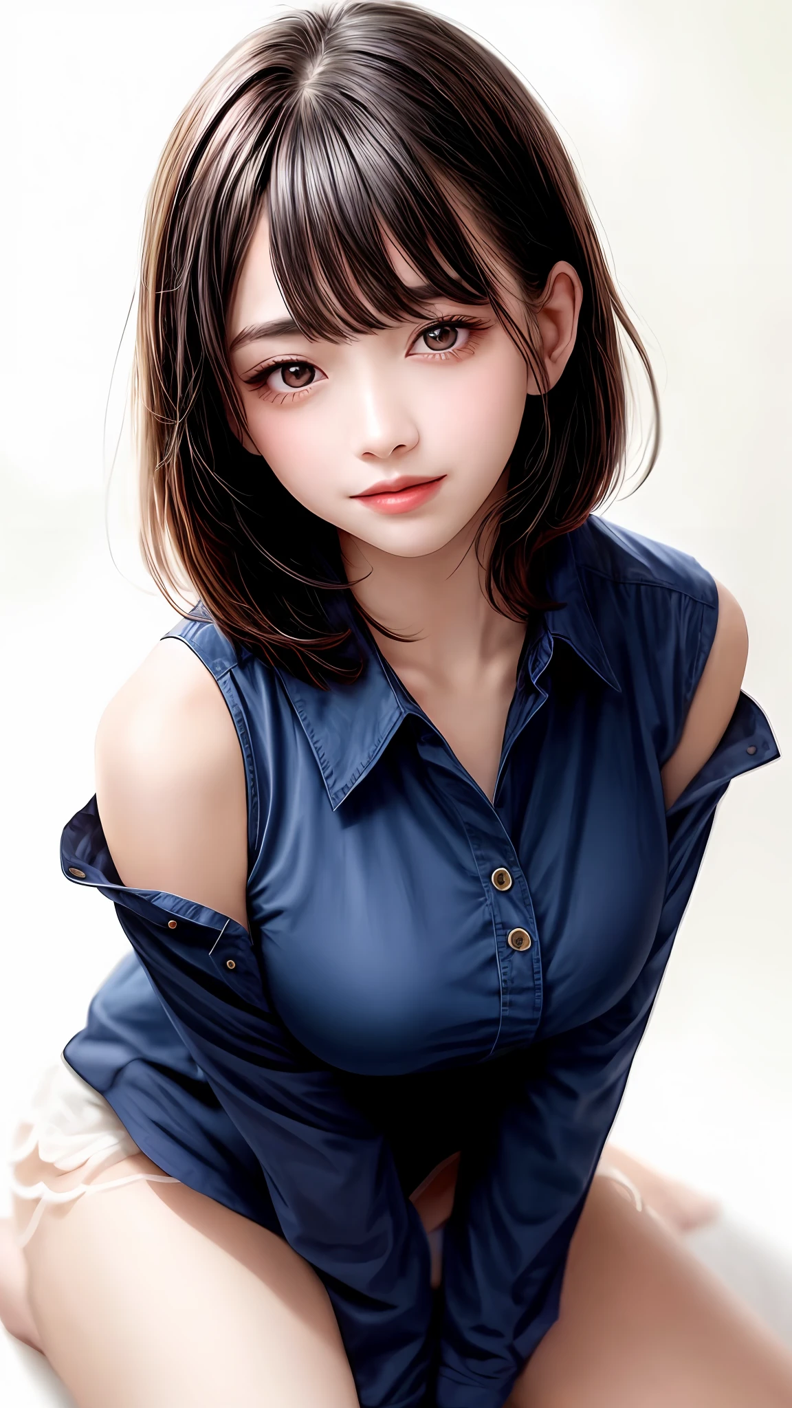 Pee (incontinence: 1.47), fashion trendy beautiful and attractive woman, gentle and attractive Chinese beautiful woman, Korean (kpop idol), delicate and sexy collarbone, attractive oval face, double eyelids, smart [peach] flower eyes, pink lips, small nose, bare shoulders, focus on face, [[face close-up], ultra high definition, super detail, White off-shoulder lace shirt, (((white lace panties), fresh and impressive, natural (large: 1.25), (kneel on the ground), (legs wide open), (legs spread), (from a low angle), (upright 1.5), (shiny skin: 1.4), (low angle)), perfect figure, areola, cleavage, armpit wrinkles, (floor urine)), (NSFW: 1.05), ( Showpiece, top quality, high precision)), one girl, (big, photorealistic: 1.4), (slightly above the camera, looking up at the camera, looking up, looking up at the camera, staring at the camera))), solo, solo, white background, snow-white background, mouth closed, happy smile, pretty black hair, short hair, big eyes, pronounced double eyelids, eyelashes, ears out, long neck, long neck, Absolute area, ((close-up of face, short hair with bangs)), 19 years old, attractive proportions, shiny skin, clean collarbone, golden ratio face, perfect face, teardrop mole, chest mole, bangs, clean bangs, beautiful bangs, lip gloss, thin lips, white skin, undressed, big breasts, small face, staring at the camera a little upwards, ((smiling a little at the camera, really nothing pure white background, very big, big big, big breasts)), ((((uniform, shirt))))