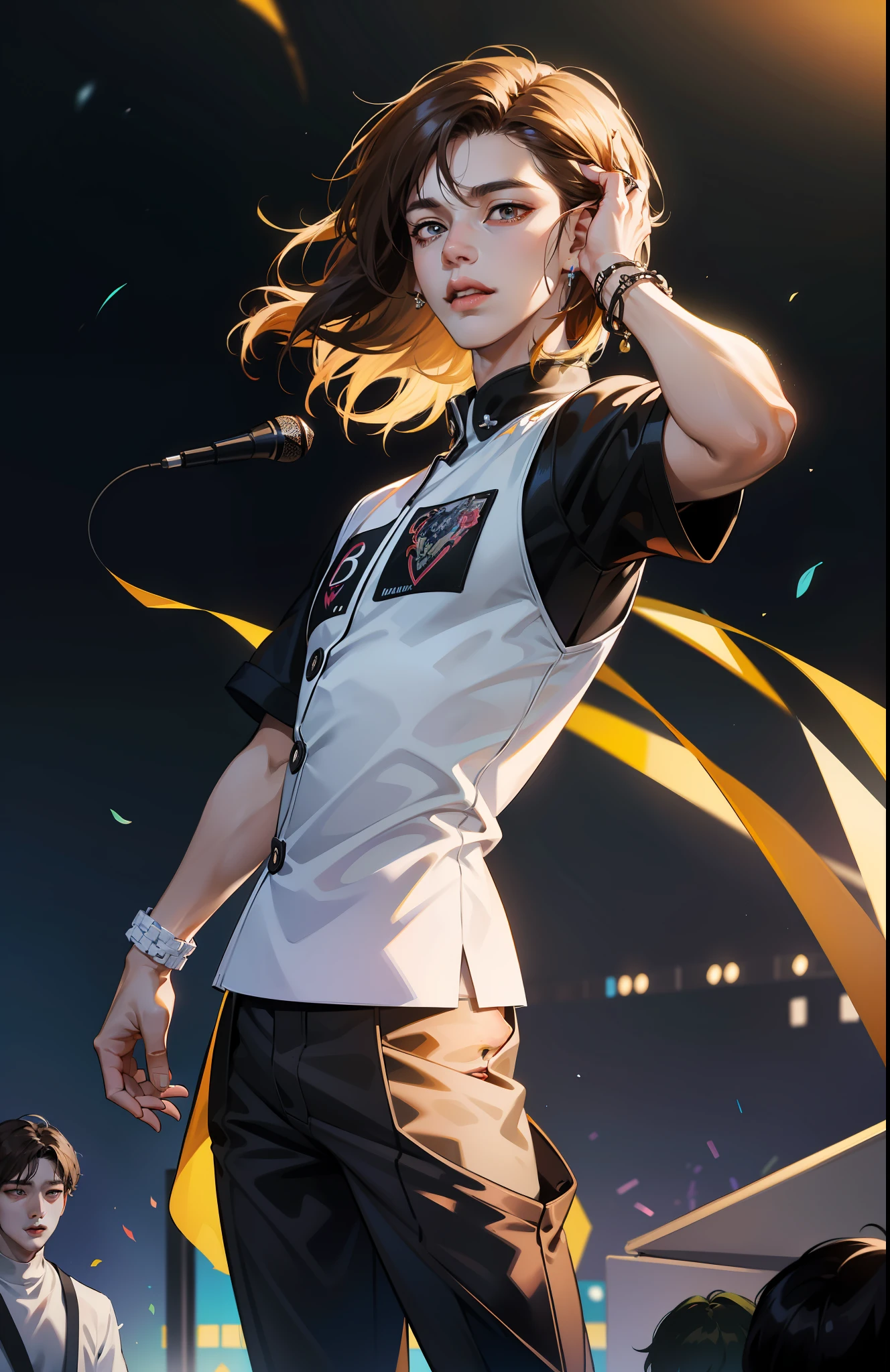 absurdres, highres, ultra detailed) 1 male, adult, tall slender, cute, finely detailed eyes, intricate details, kpop idol, performing on stage, nct 127, (haechan kpop idol), short brown hair with bang, modern outfits, black big shirt, latex pants, bracelets, white headsets microphones