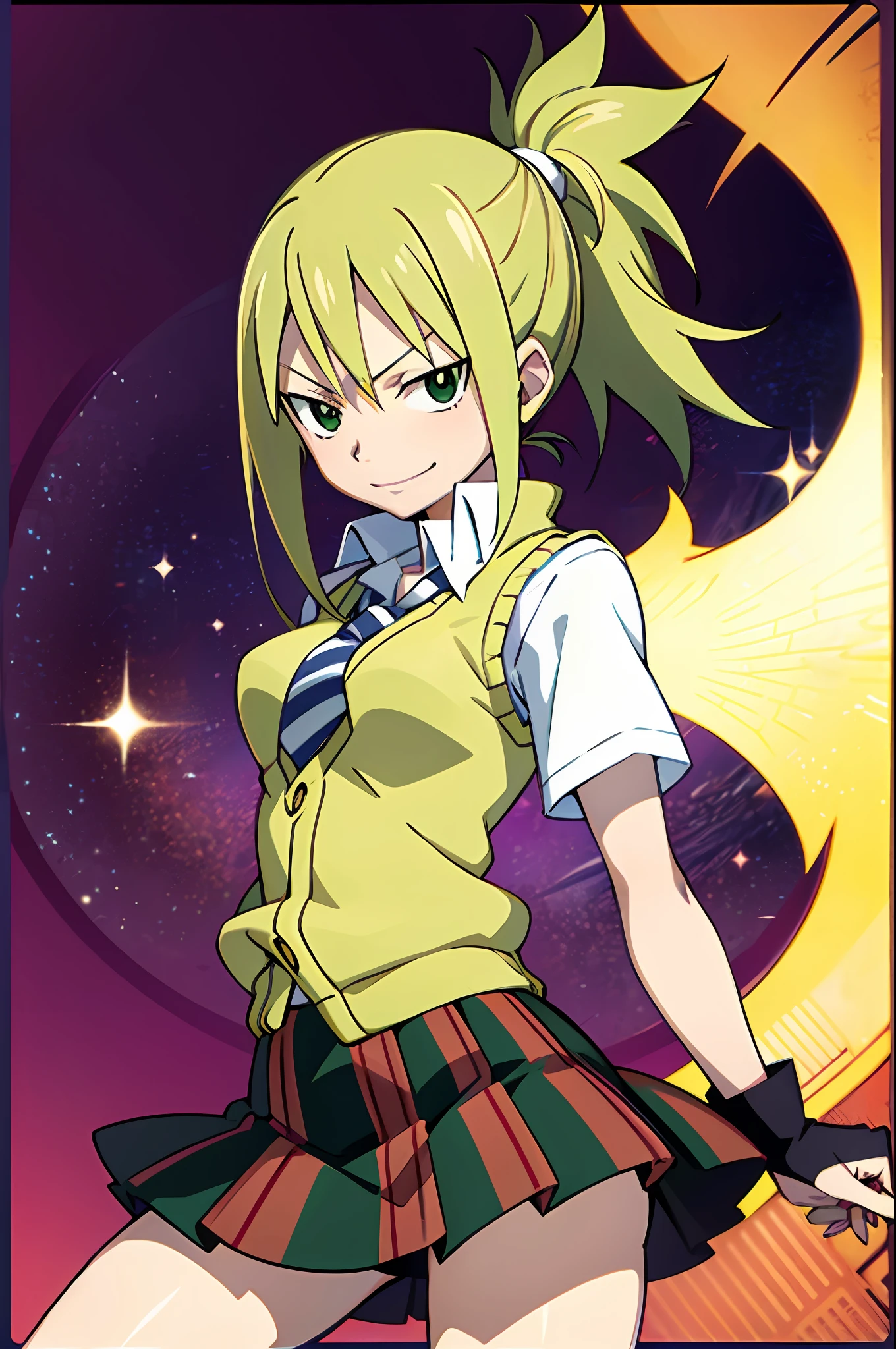 light smile, Schoolgirl attire, white blouse with yellow sweater vest, green striped tie, red plaid skirt, green eyes and ashy hair in a twin ponytail, (style of soul eater and fairy tail anime), (illustrated by Hiro Mashima and Atsushi Ohkubo), (style mixing)