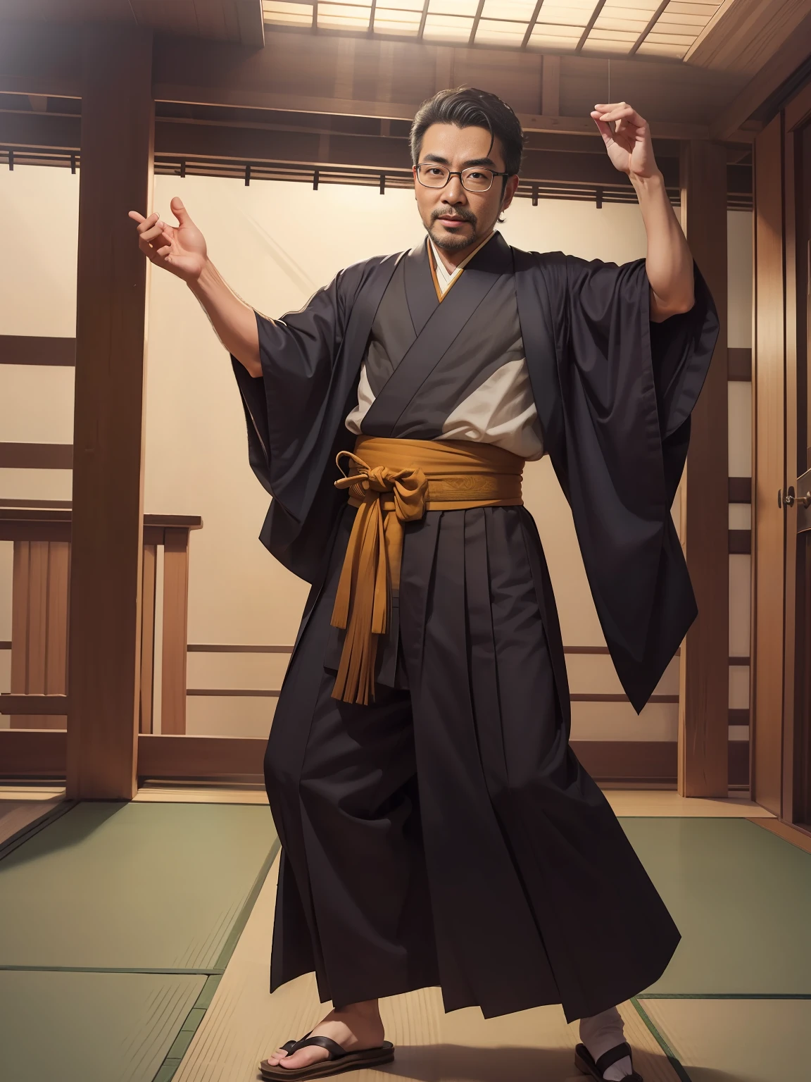 Man with glasses, Tony Tani, dancing in Japanese clothes, little beard,