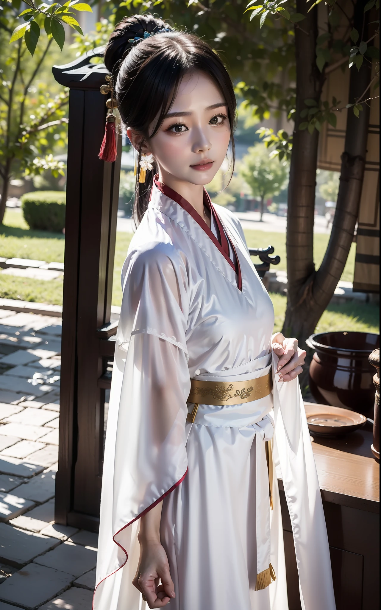 Chinese girl, (wearing Hanfu), plain Hanfu, outdoor, zhan li, looking at the audience, masterpiece, 8k