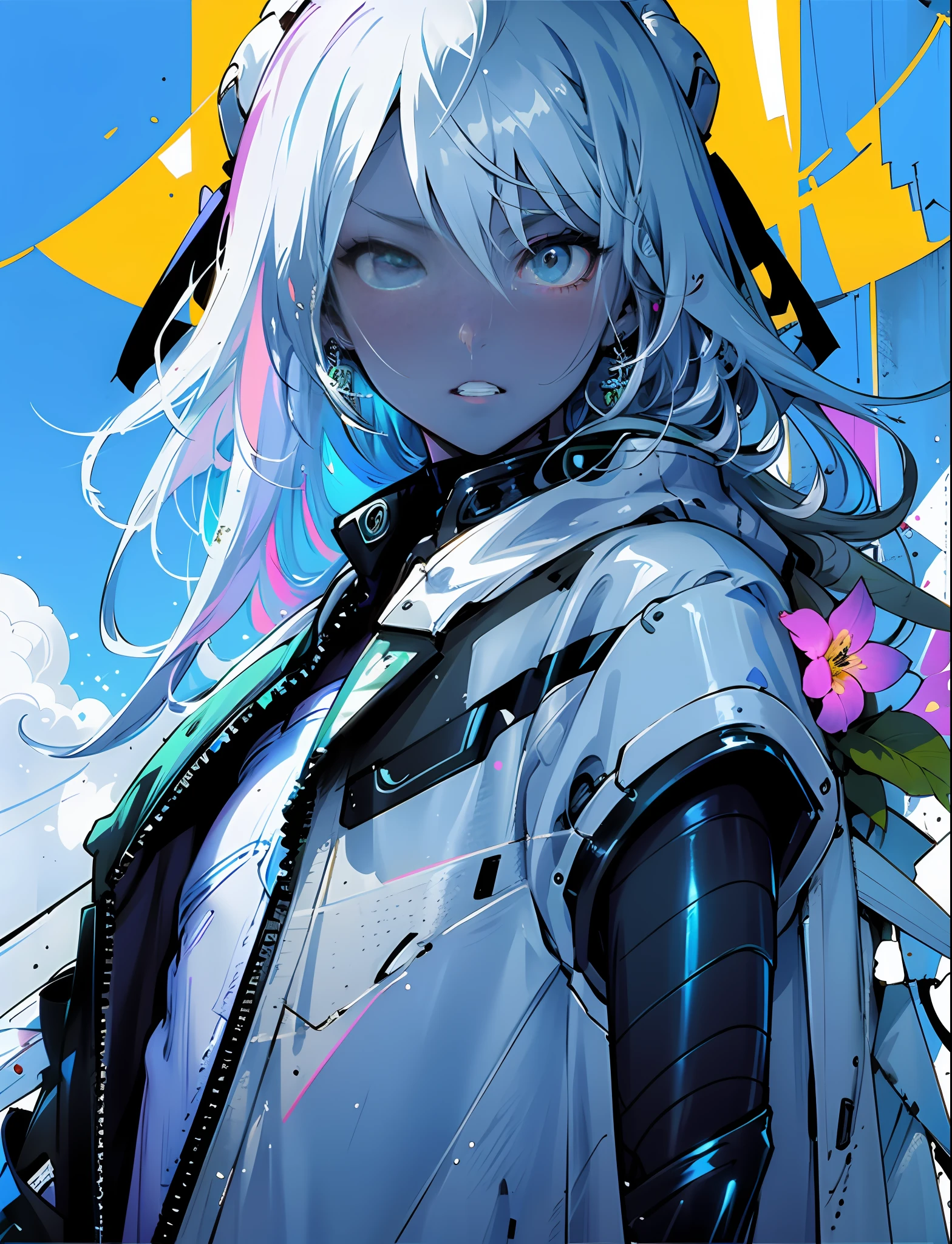 Masterpiece, neon stars, flowers around, god, truth, anticipation, depth, insight, understanding, mountain, galactic lush translucent clouds, spectrum