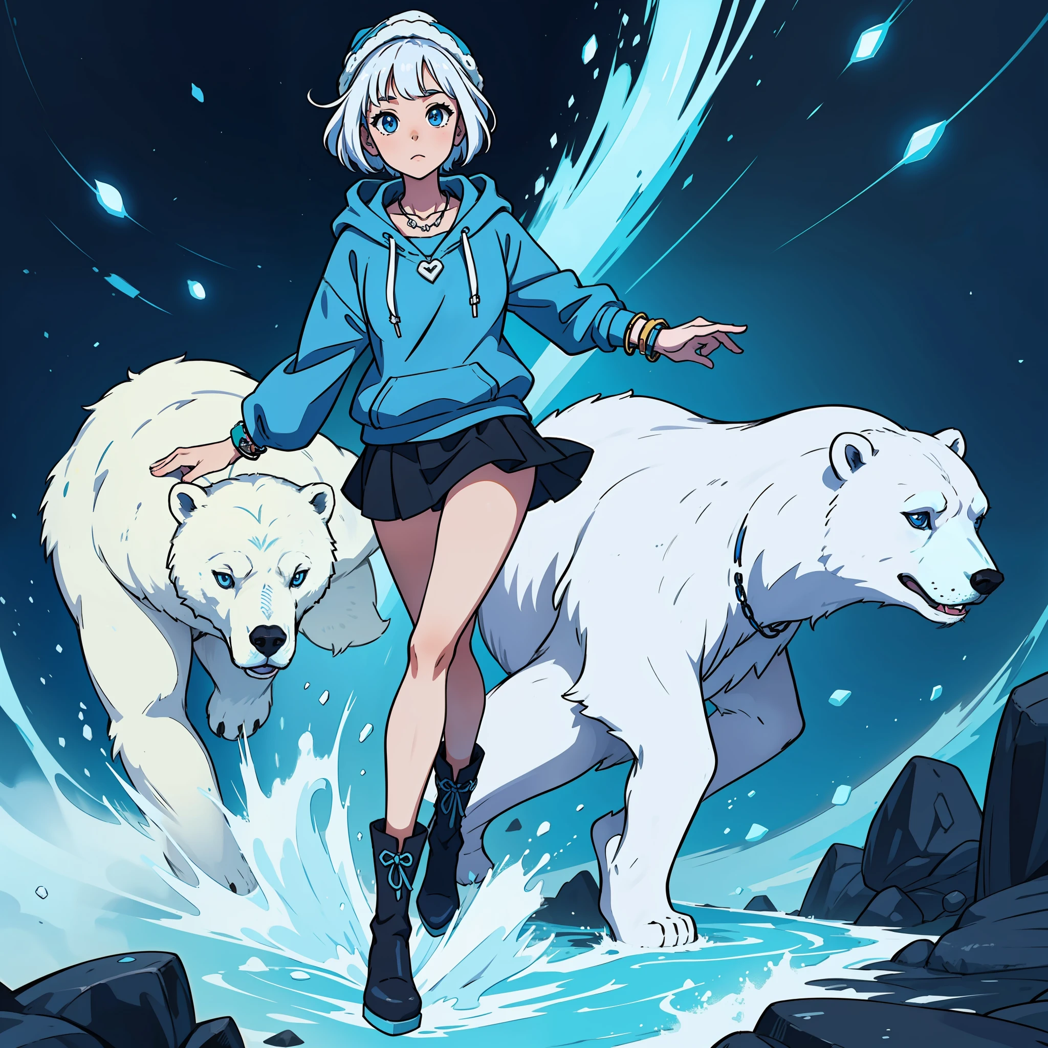 Anime girl with short white hair wearing a polar bear beanie, wearing a blue necklace, blue eyes, wearing a blue hoodie, wears a short black skirt with a few white lines, wearing a bracelet on the thigh, Wearing black boots with blue laces, single character full body, full body portrait, anime full body illustration