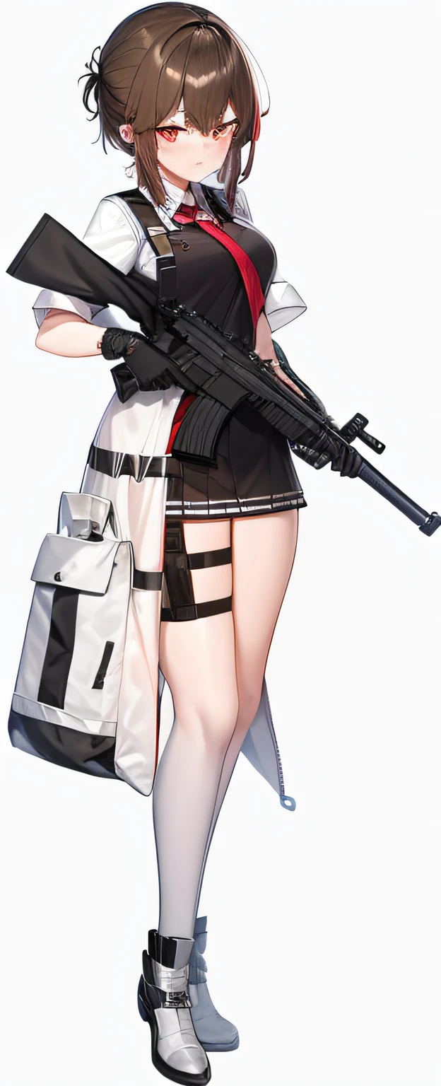 a woman in a uniform holding a gun and a bag, m4 sopmod ii girls frontline, girls frontline style, fine details. girls frontline, from girls frontline, gapmoe yandere grimdark, gapmoe yandere, girls frontline cg, with rifle, maple story gun girl, girls frontline universe, yandere intricate, female action anime girl, shooting pose --auto