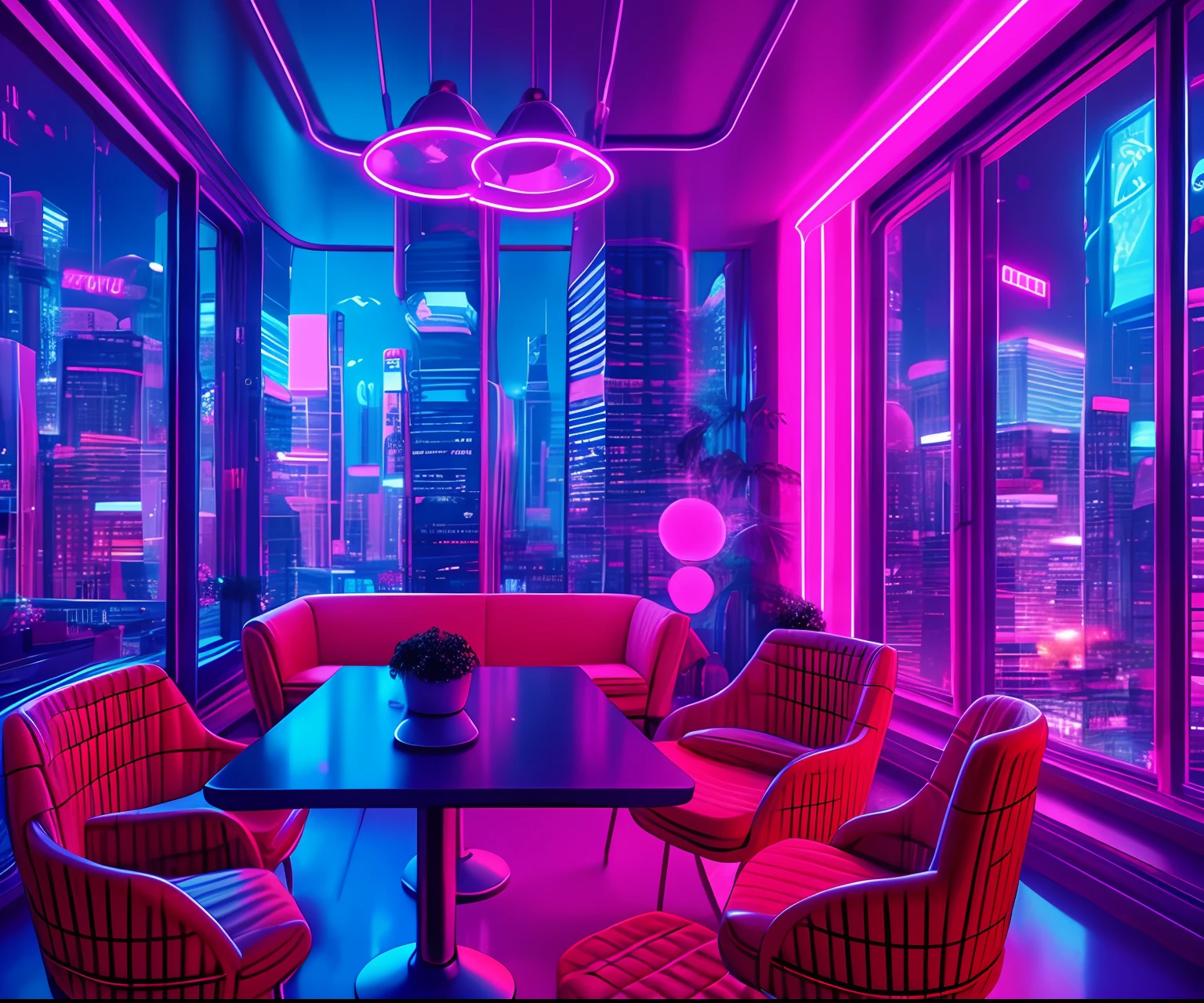 ((masterpiece)), (ultra-detailed), (intricate details), (8k high-resolution CGI art), Create a retro-futuristic and realistic small cyberpunk coffee shop (coffee shop) vaporwave overnight, with lots of detail. One of the walls should feature a large window with a bustling, colorful and detailed cityscape (cyberpunk), synthwave, neon. The city should have a futuristic style with many colors, neon lights, signs and buildings of different sizes. The cityscape should be extremely detailed with depth of field. The city should have a lot of visual interest with lots of small details. Use atmospheric lighting and ambience to create depth and evoke the feeling of a bustling futuristic city outside the window. Pay close attention to details like intricate, rental eyes, and '90s bedroom details. Camera: wide photo showing the cafeteria, table, chair, cups, coffee, window, sofa, pictures on the wall, with many perfect and realistic details. The window should be the focal point of the image. Lighting: Use atmospheric and volumetric lighting to enhance the details of the cityscape. The room should be illuminated by the neon lights of the urban landscape.