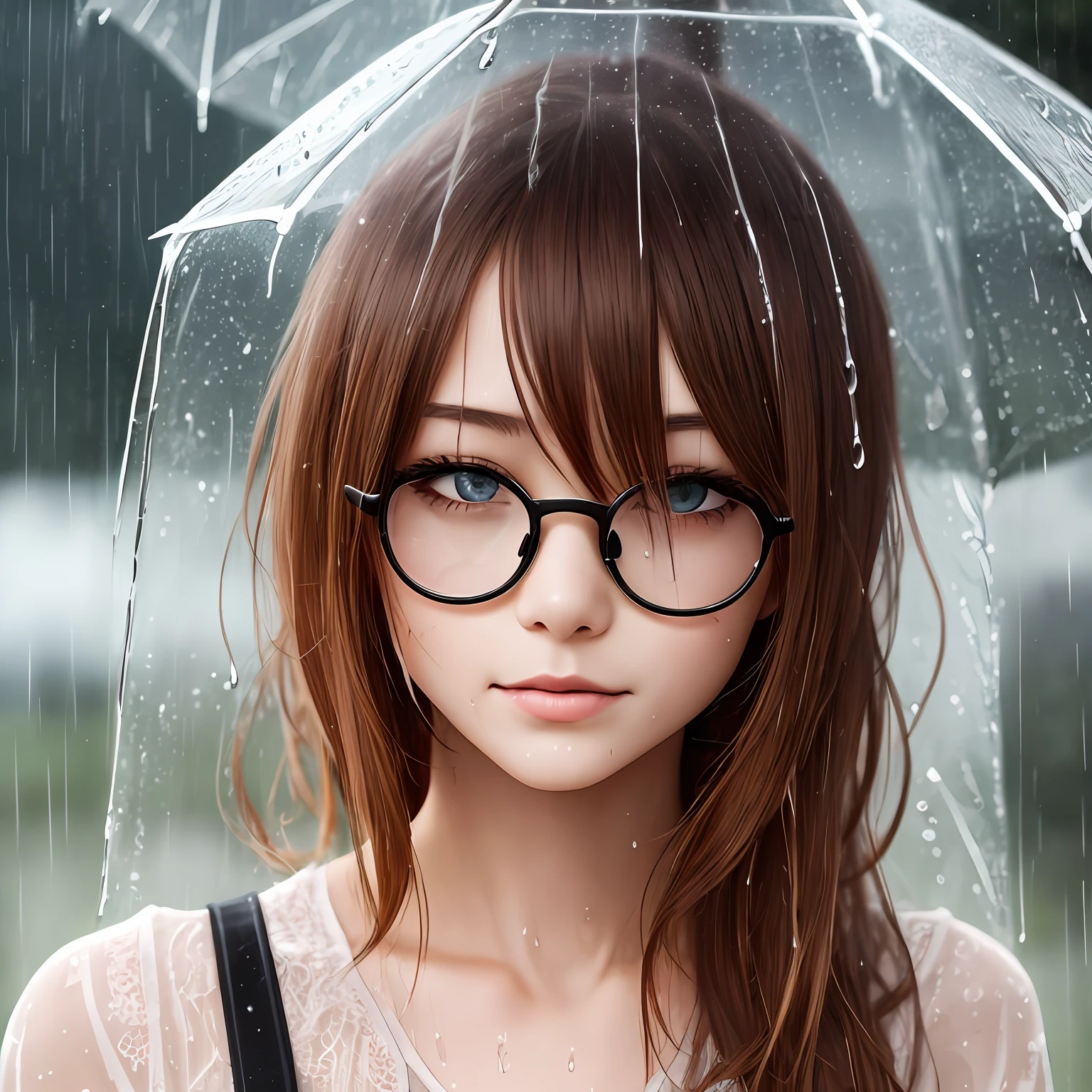 SKS, High Quality, Girl, Chestnut Hair, Glasses, Rain, Wet, Sheer, Short Hair --auto