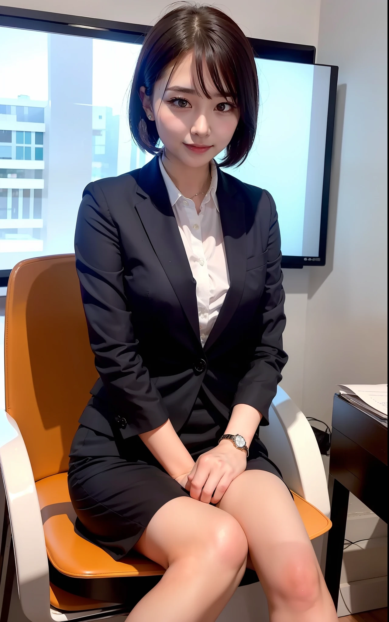 A girl with short black hair, wearing a professional small suit, in the company, sitting in a chair, looking at the audience, (best quality, masterpiece, super clear, 8k,)