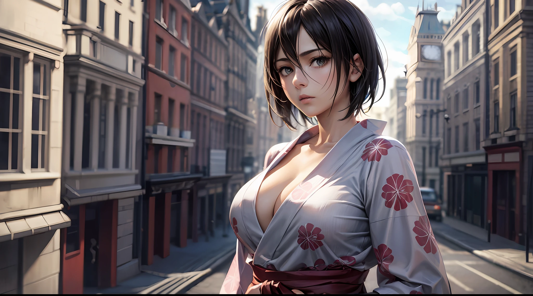 (Attack on Titan, Mikasa Ackerman), brown skin, (yukata), (short black hair), young, cute, beautiful girl, perfect style, big, emphasizing cleavage, expressionless, realistic, realistic, 8k, very detailed, highest quality, best quality, super high definition, masterpiece, one girl, (big ben in London),