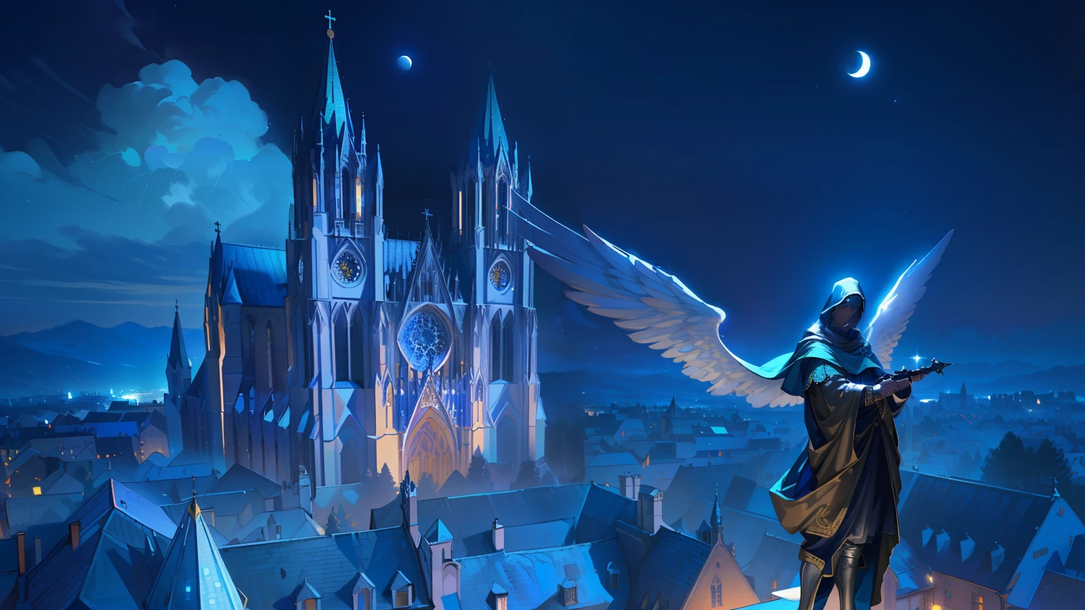 T Bokeh, Depth of Field, HDR, Bloom, Chromatic Aberration, and Intricat (illustration: 1.0), epic composition, realistic lighting, HD details, masterpiece, best quality, (very detailed CG unified 8k wallpaper), medieval european city, cathedral, big hooded angel statue, night time, stars and moon and galaxies