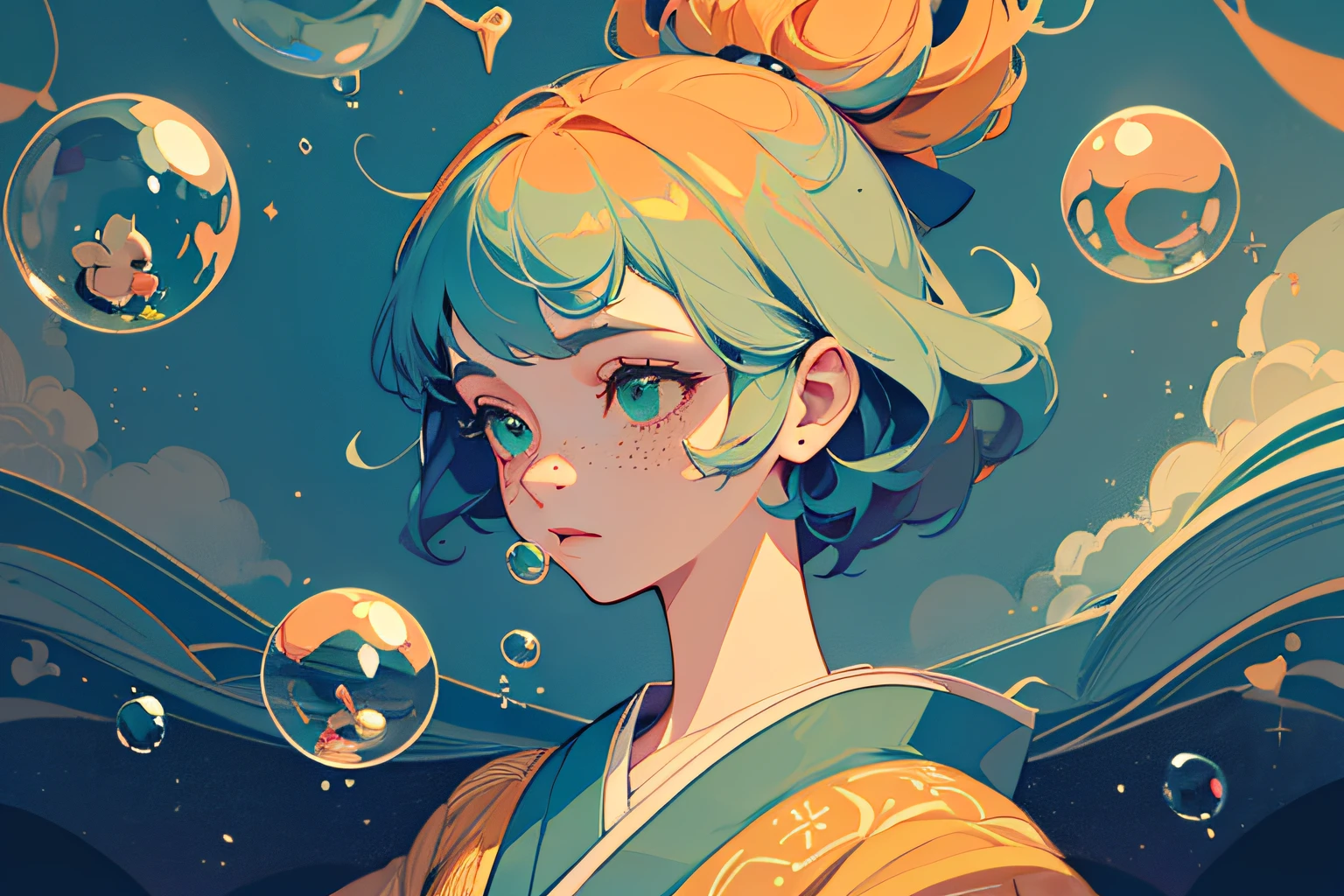 ((masterpiece)), ((ultra-detailed)), ((best quality)), beautiful detailed eyes, detailed face, best lighting, best shadows, 1girl, solo, ((classic Disney style, rim lighting, flat 2d style, Disney 2d)), ((main color is orange and green)), huge bubbles, (girl inside of a bubble:1.5), bubble island, bubble land, world made out of bubbles, freckles, cold nose, (((bubbles))), marbles, Japanese inspired, (highly detailed), swirly effect,