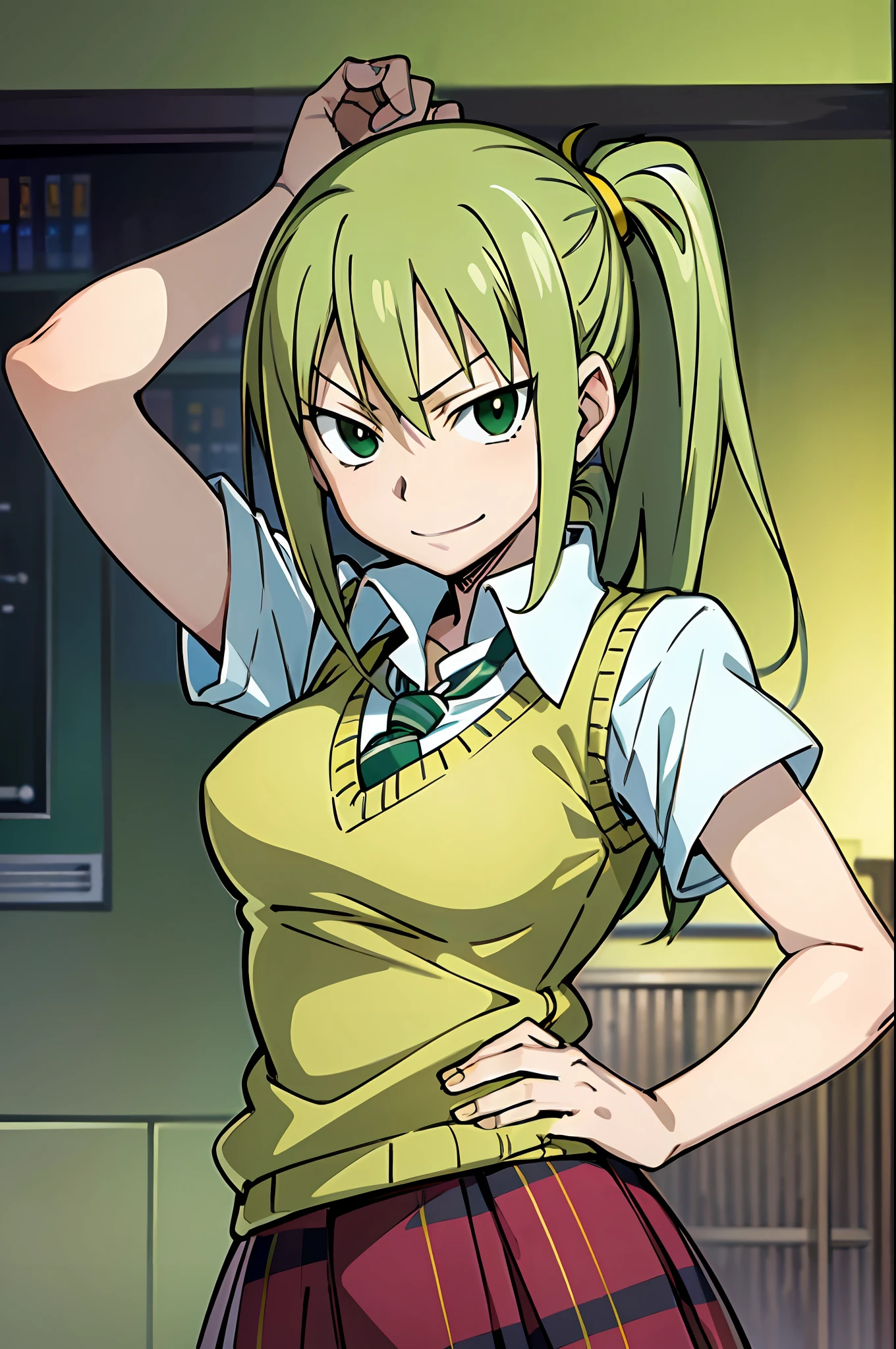 light smile, Schoolgirl attire, white blouse with yellow sweater vest, green striped tie, red plaid skirt, green eyes and ashy hair in a twin ponytail, (style of soul eater and fairy tail anime), (illustrated by Hiro Mashima and Atsushi Ohkubo), (style mixing)