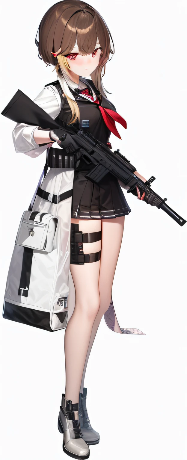 a woman in a uniform holding a gun and a bag, m4 sopmod ii girls frontline, girls frontline style, fine details. girls frontline, from girls frontline, gapmoe yandere grimdark, gapmoe yandere, girls frontline cg, with rifle, maple story gun girl, girls frontline universe, yandere intricate, female action anime girl, shooting pose --auto
