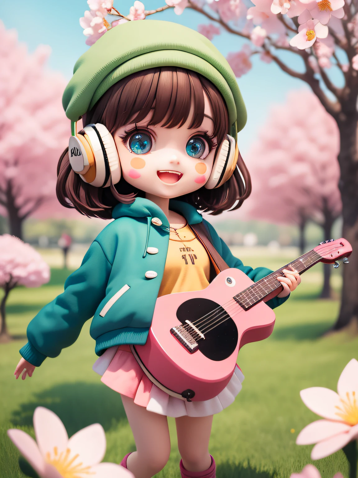 (masterpiece),(best quality),(ultra-detailed), (full body:1.2), 1girl,chibi,cute, smile, open mouth, flower, outdoors, playing guitar, music, beret, holding guitar, jacket, blush, tree, :3, shirt, short hair, cherry blossoms, green headwear, blurry, brown hair, blush stickers, long sleeves, bangs, headphones, black hair, pink flower, (beautiful detailed face), (beautiful detailed eyes),