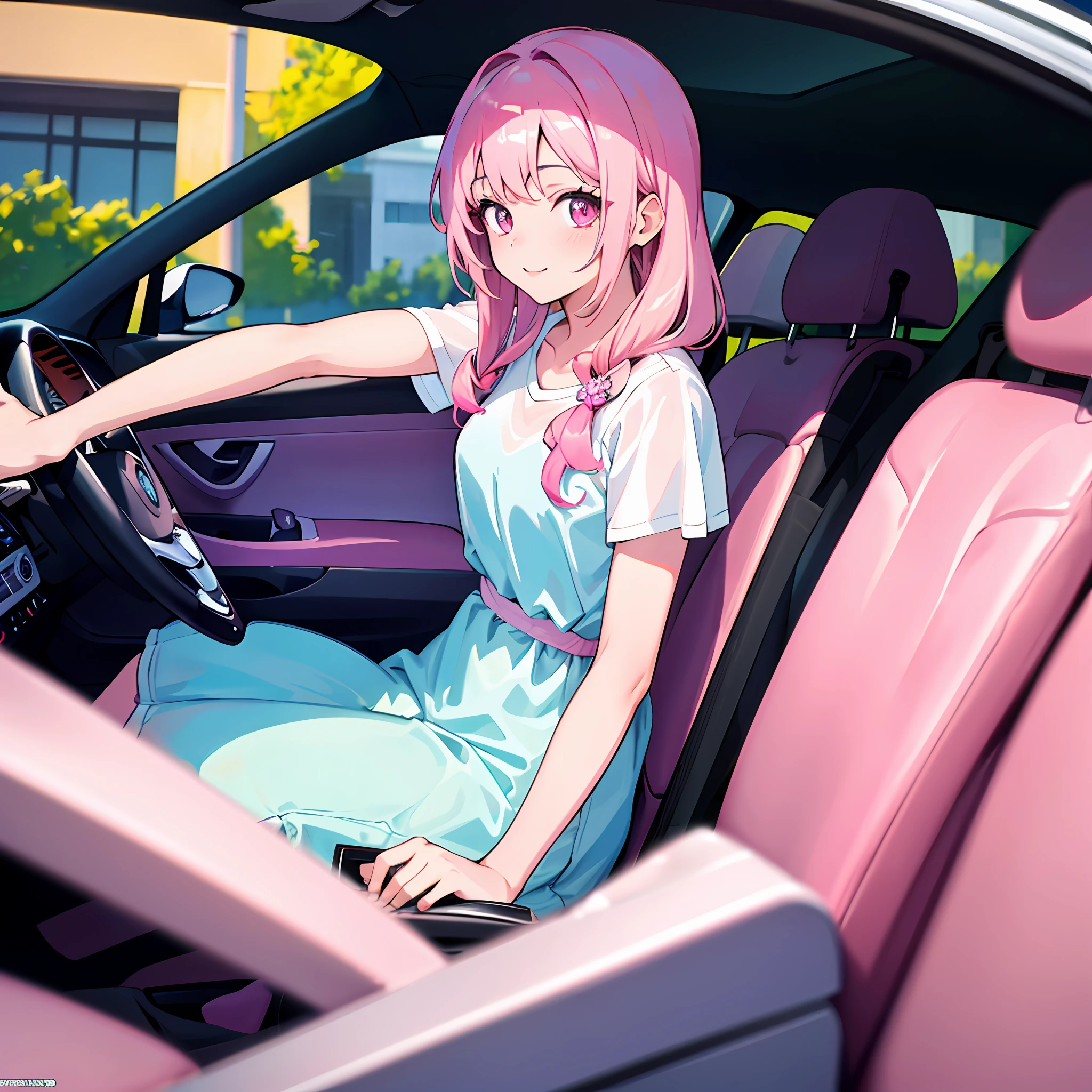 Top Quality, Masterpiece, High Definition, Very Detailed, 8k, One Girl, Cute, Anime, Crystal Clear White Skin, Asian Girl, Sensual, Full Body, Young, Junior High School, 13 Years Old, Children, (Hair Color Light Pink), Driving a Car, Driving Fantatable, Watching Others, Casual Clothing, Pastel Colors